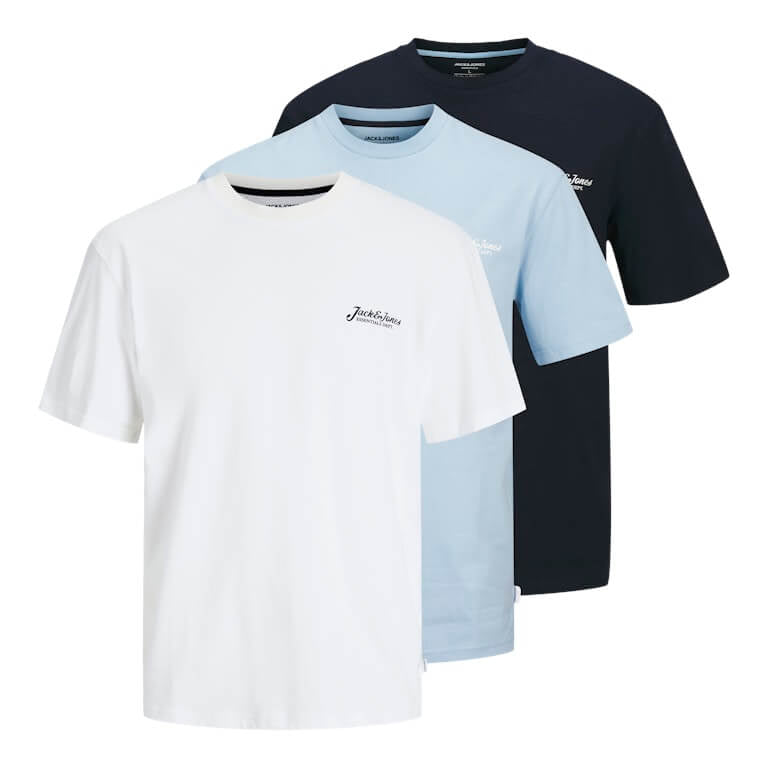 Jack & Jones 3 Pack JJbeau Crew Neck T-Shirts - Black / White / Blue