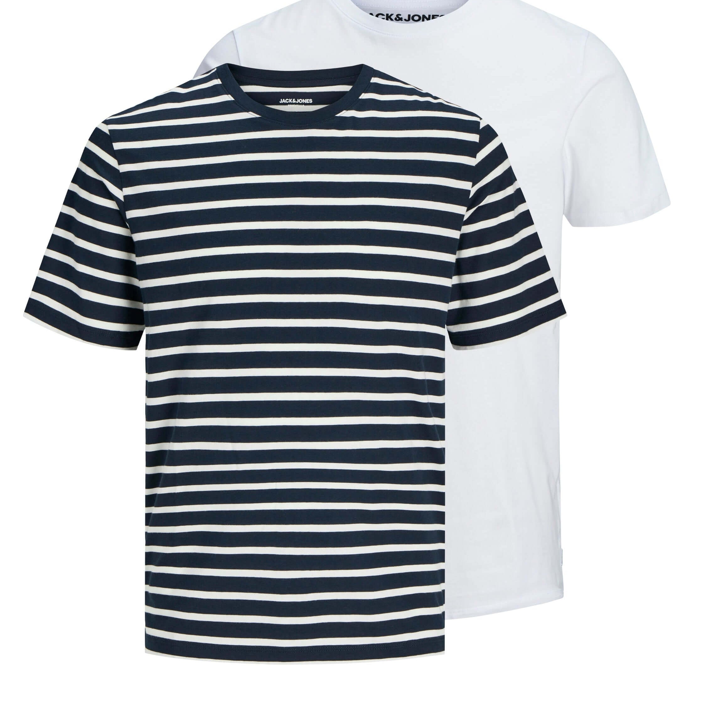 Jack & Jones 2 Pack JJEORGANIC Crew Neck T-Shirts - White/Navy Stripes