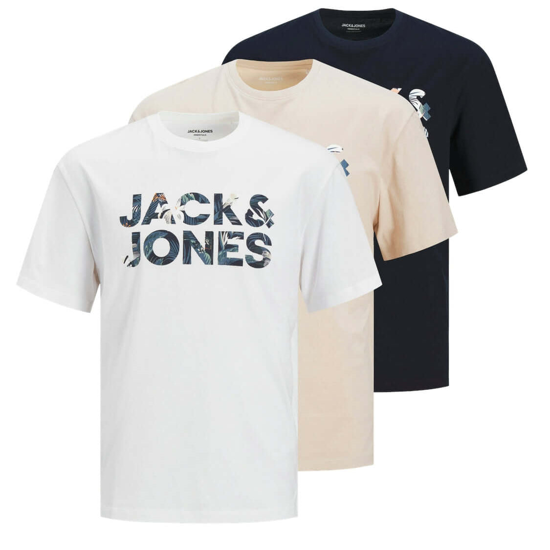 Jack & Jones 3 Pack Bryan Crew Neck T-Shirts - Beige / White / Black
