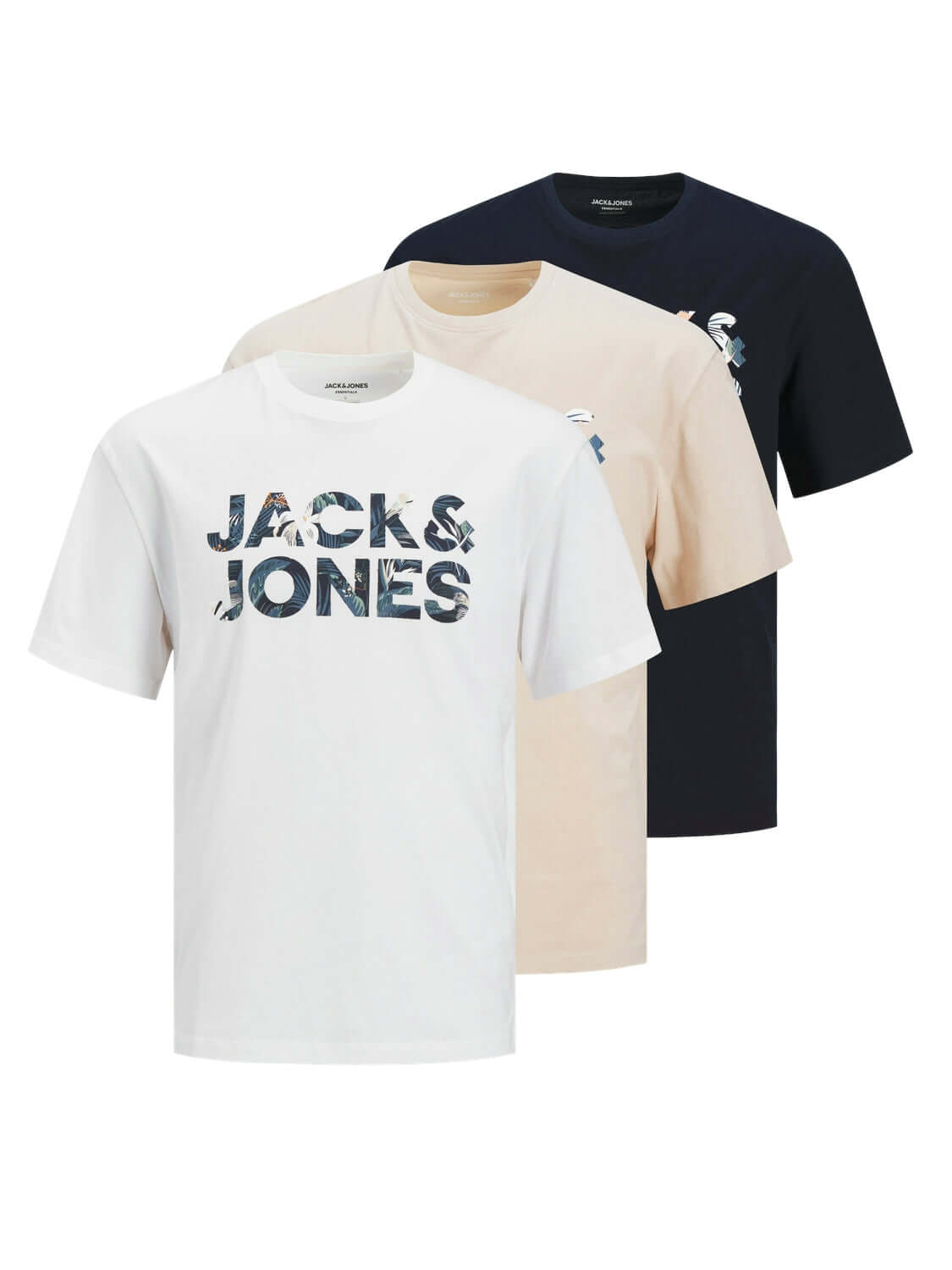 Jack & Jones 3 Pack Bryan Crew Neck T-Shirts - Beige / White / Black