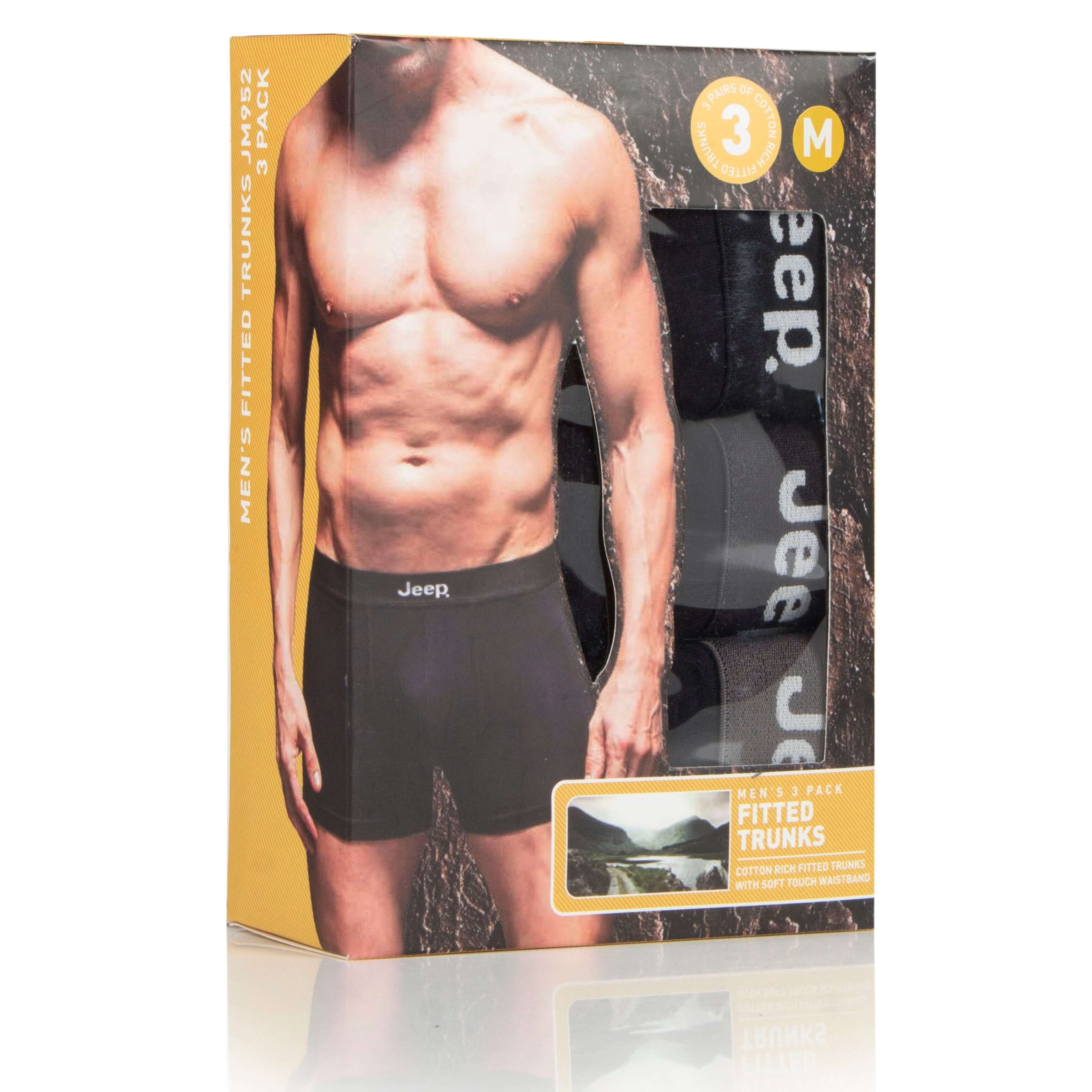 Jeep 3 Pack Mens Cotton Stretch Underwear Hipster Trunks - Black Tonal