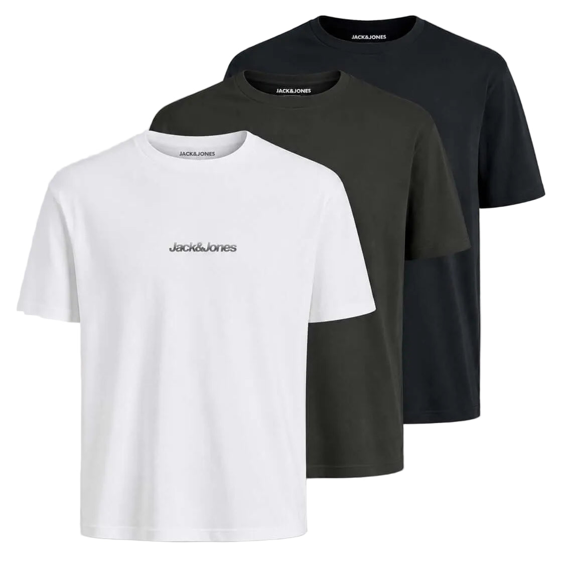 Three short-sleeve crew-neck T-shirts by Jack of Junes layered together on a light gray background, shown in white, dark gray, and black.
