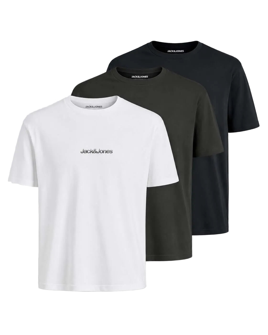 Three short-sleeve crew-neck T-shirts by Jack of Junes layered together on a light gray background, shown in white, dark gray, and black.