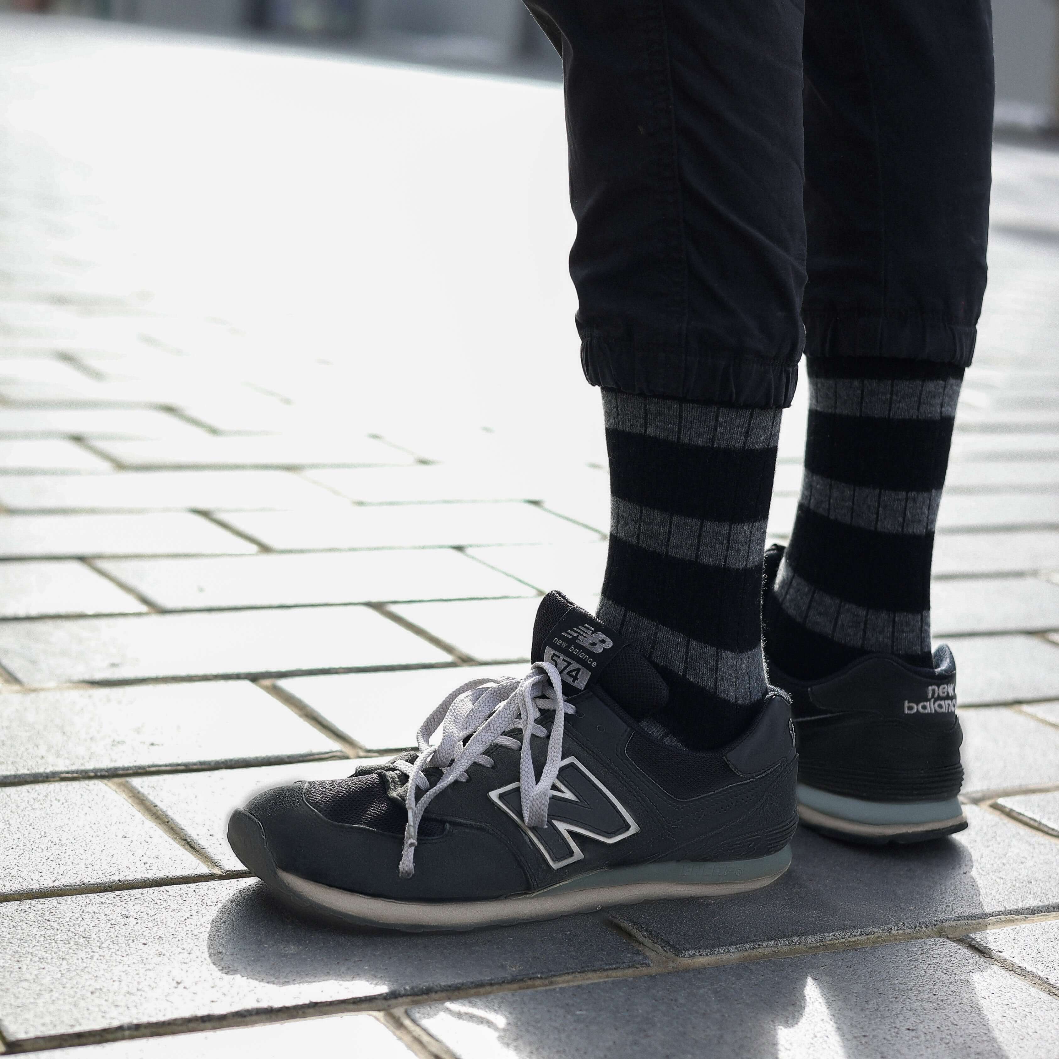 KLUE Merino Wool Crew Socks with Stripes | Black & Grey