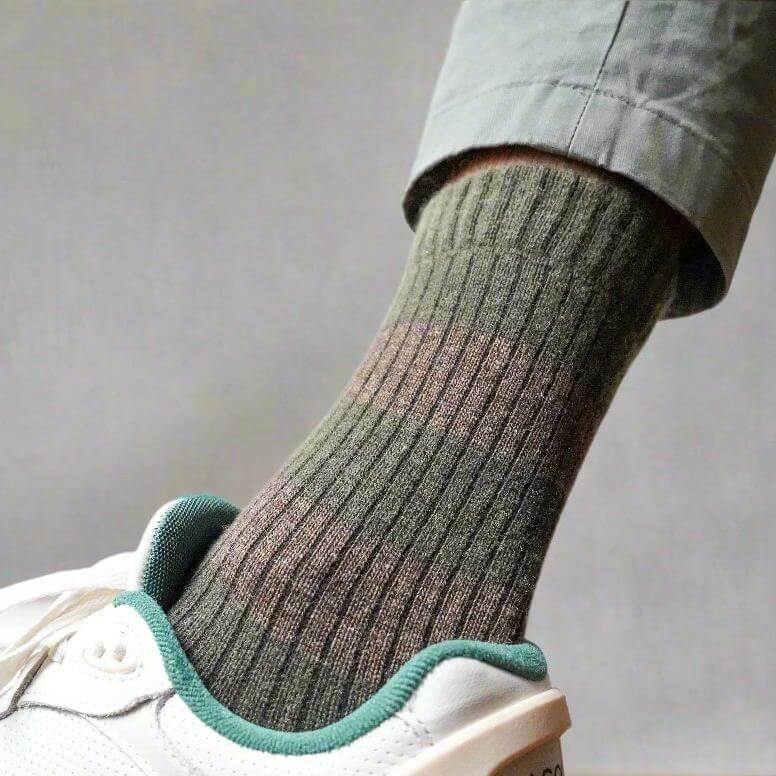 KLUE Merino Wool Crew Socks with Stripes | Khaki & Yellow