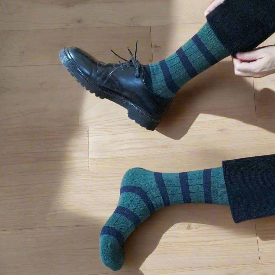 KLUE Merino Wool Socks with Stripes | Dark Green & Black