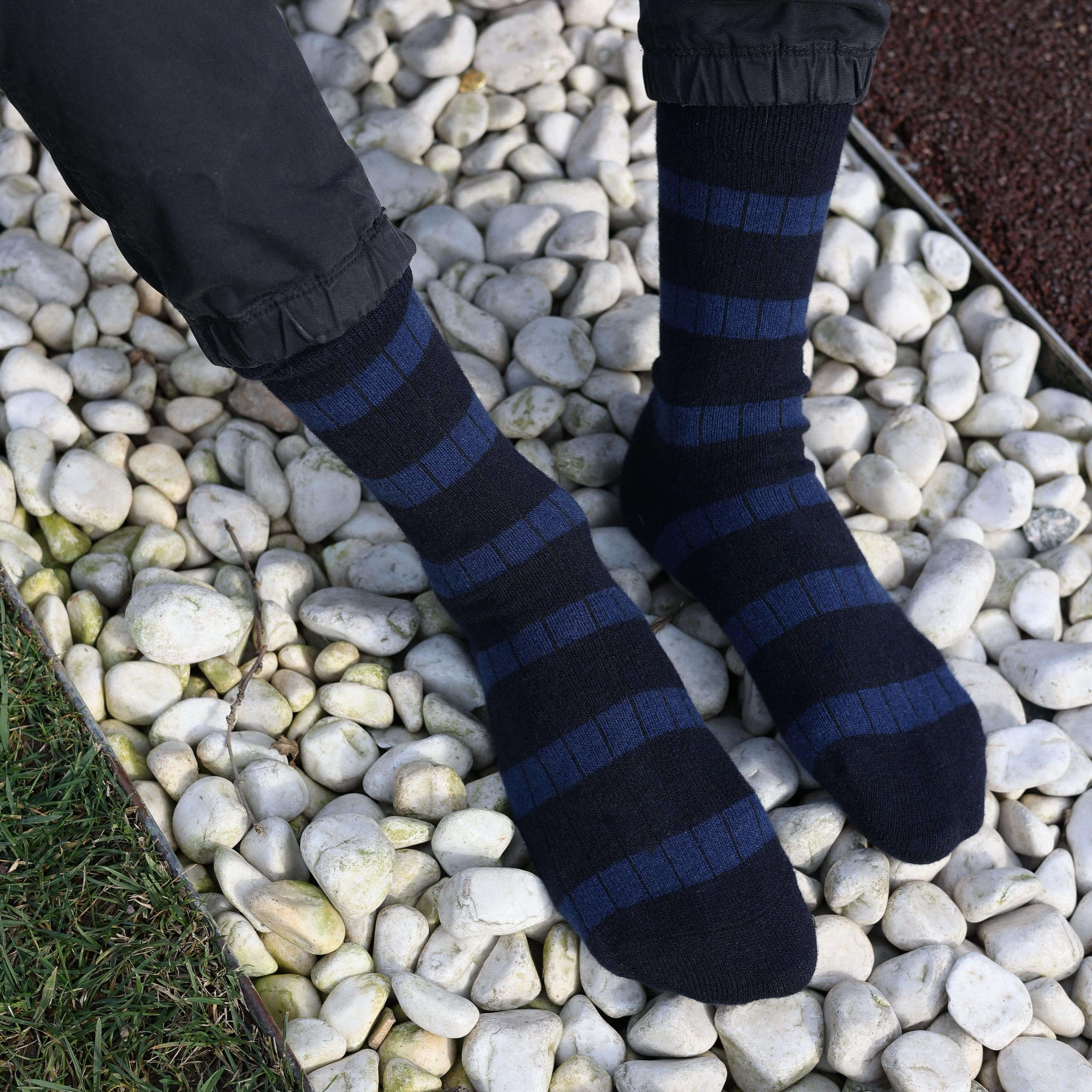 KLUE Merino Wool Crew Socks with Stripes | Navy & Grey
