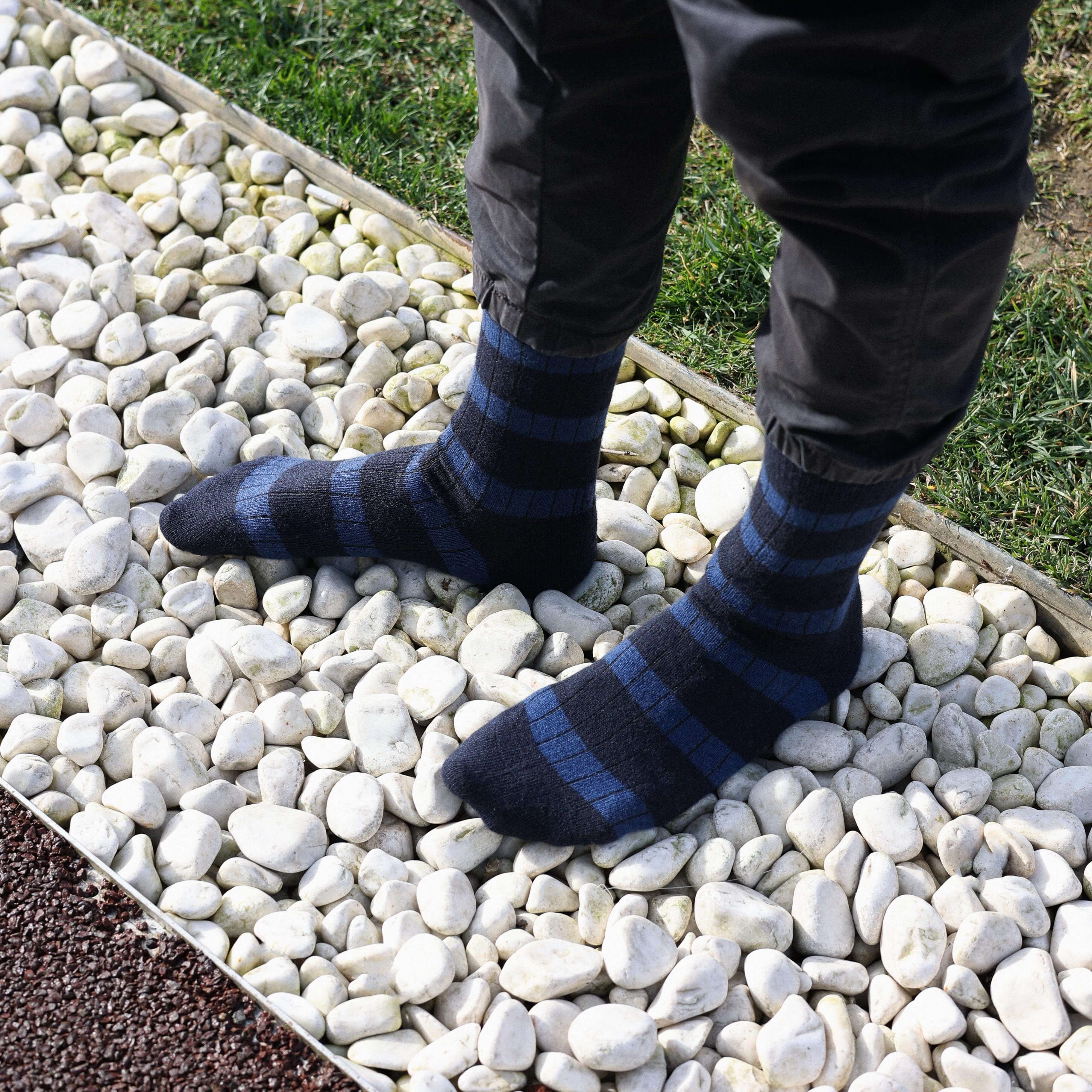 KLUE Merino Wool Crew Socks with Stripes | Navy & Grey