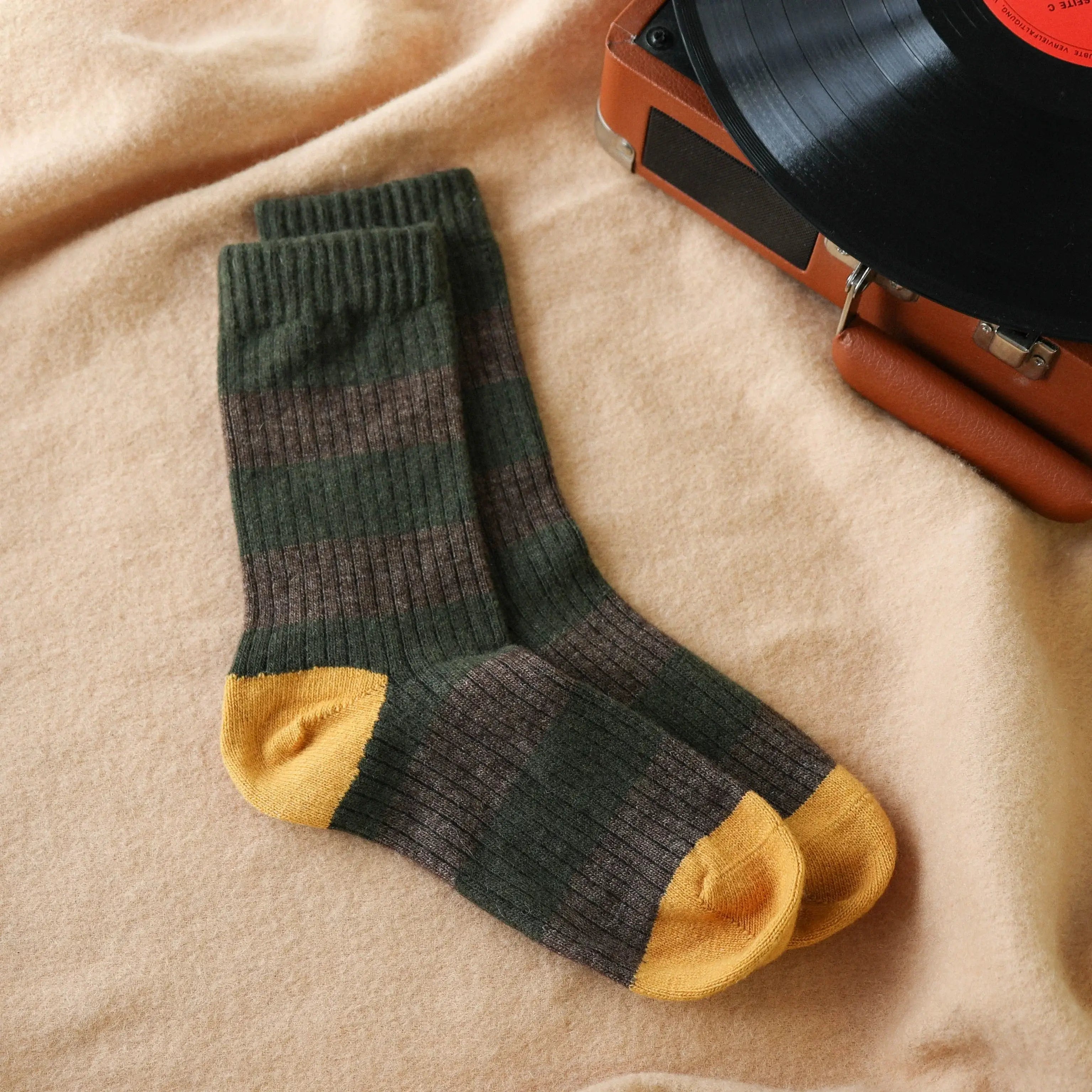 KLUE Merino Wool Crew Socks with Stripes | Khaki & Yellow
