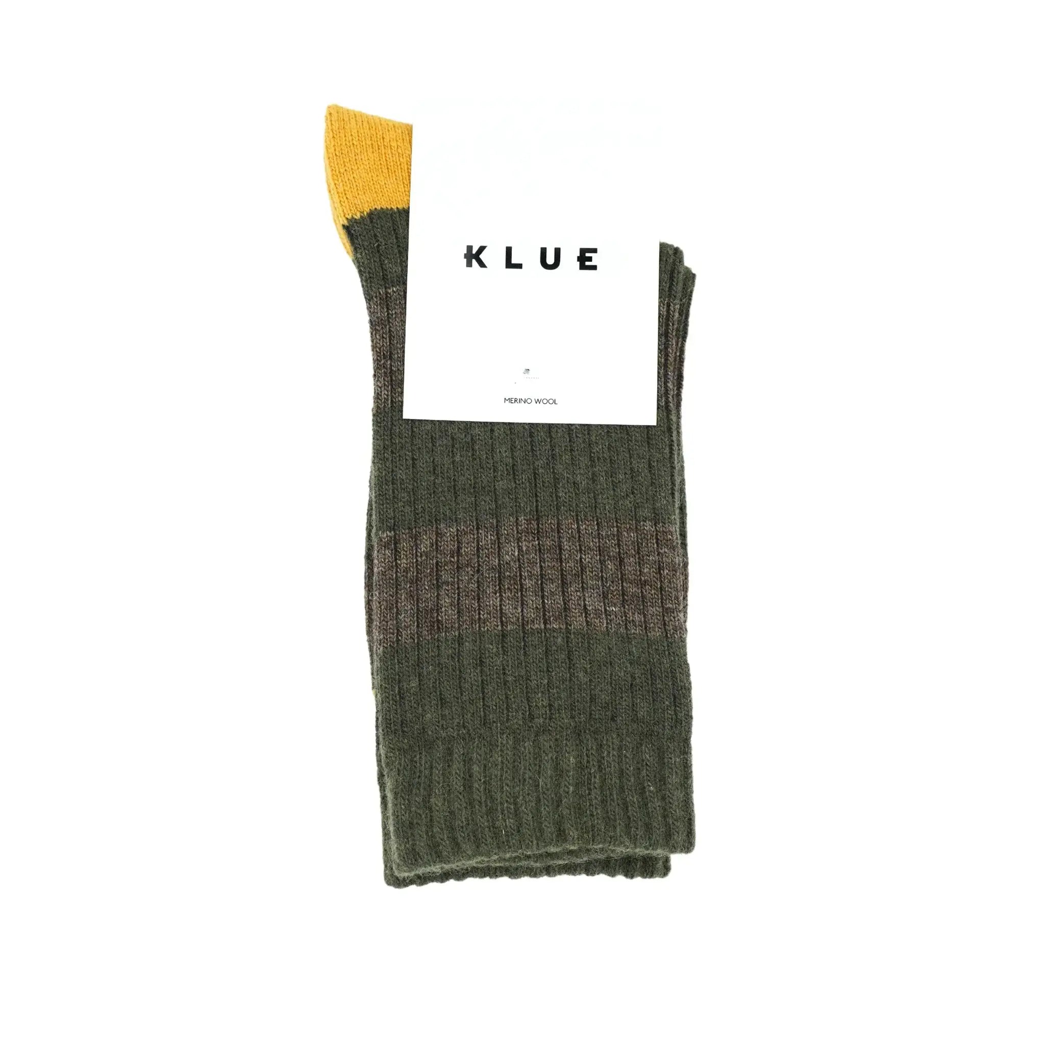 KLUE Merino Wool Crew Socks with Stripes | Khaki & Yellow
