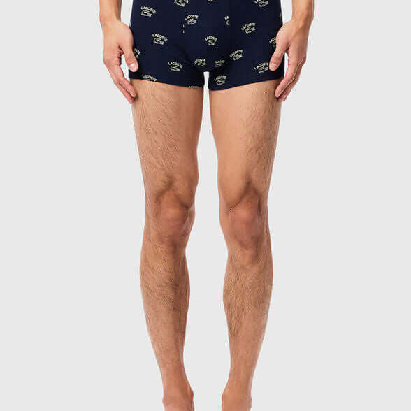 Lacoste 1 Pack All-Over Print Stretch Cotton Trunks - Navy Blue / Yellow
