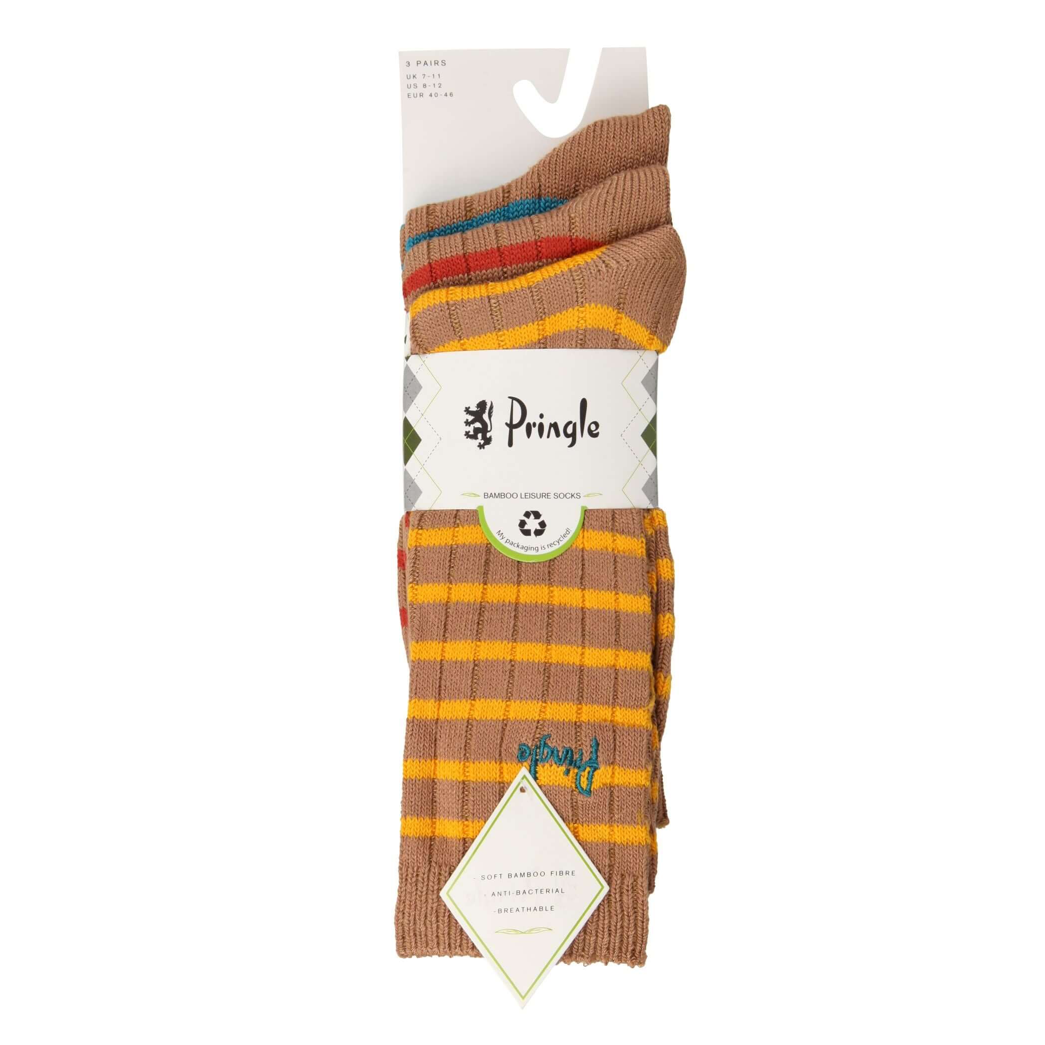 Pringle 3 Pair Men's Bamboo Rib Leisure Socks - Orange/Blue/Yellow Stripes