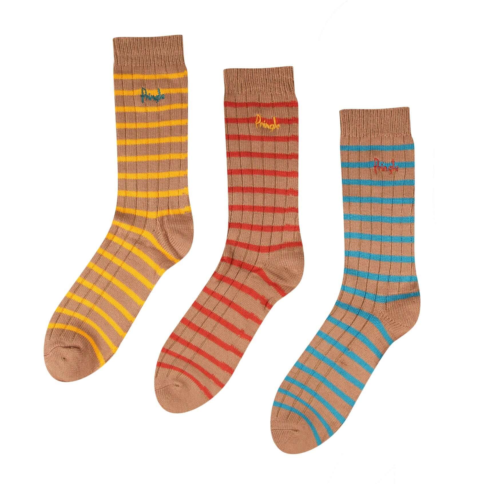 Pringle 3 Pair Men's Bamboo Rib Leisure Socks - Orange/Blue/Yellow Stripes