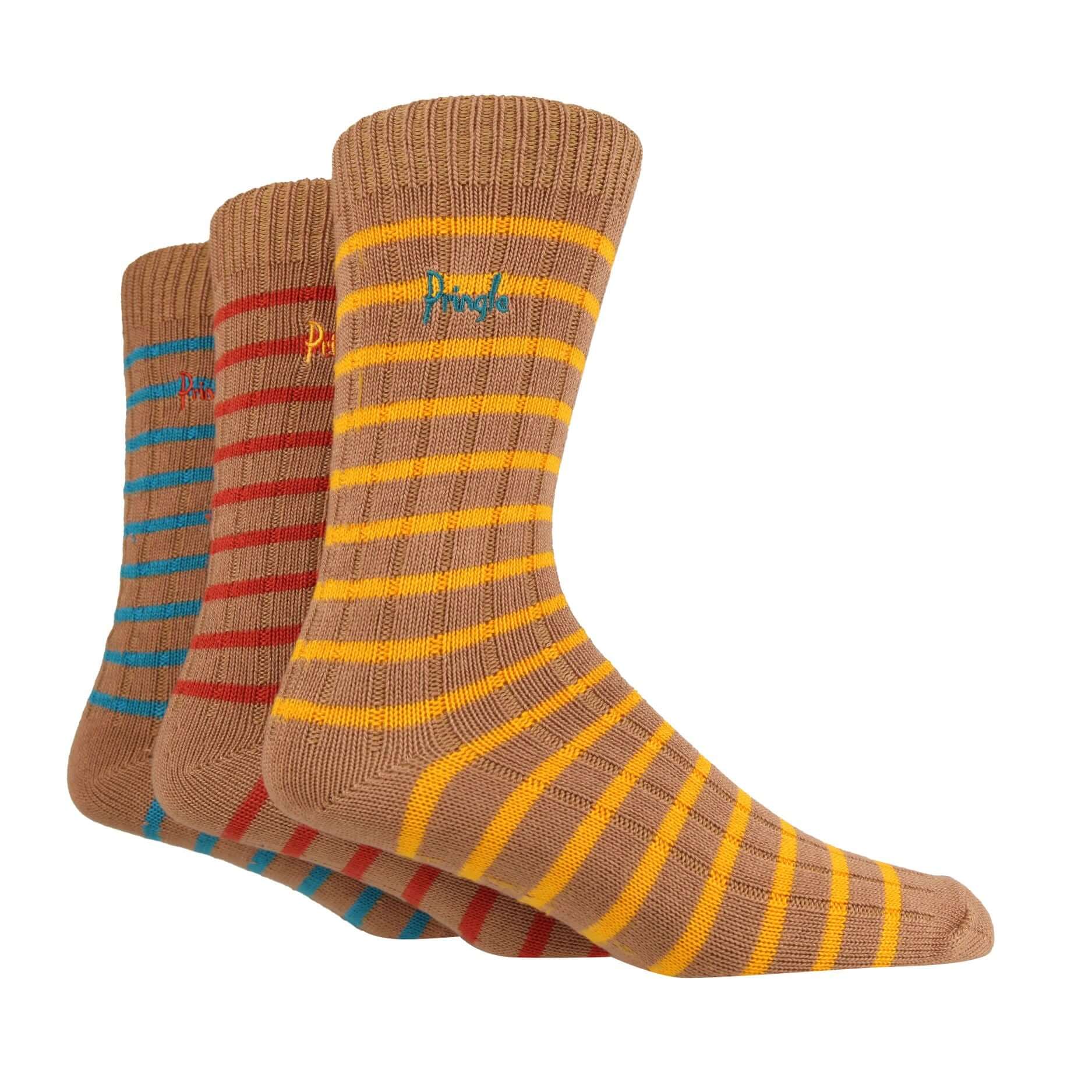 Pringle 3 Pair Men's Bamboo Rib Leisure Socks - Orange/Blue/Yellow Stripes