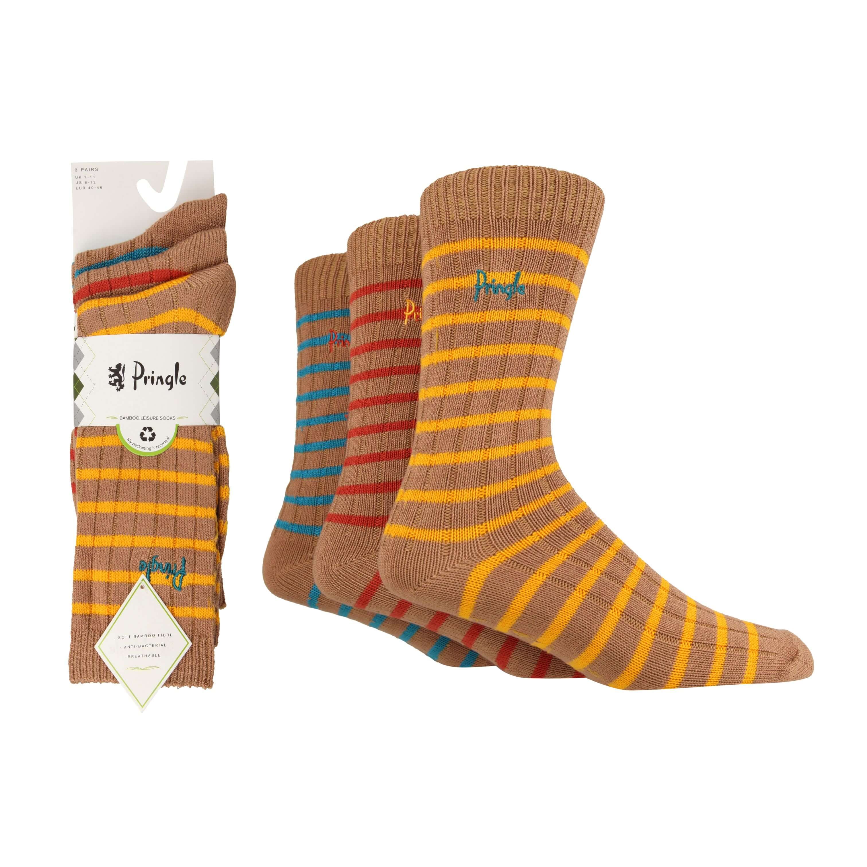 Pringle 3 Pair Men's Bamboo Rib Leisure Socks - Orange/Blue/Yellow Stripes
