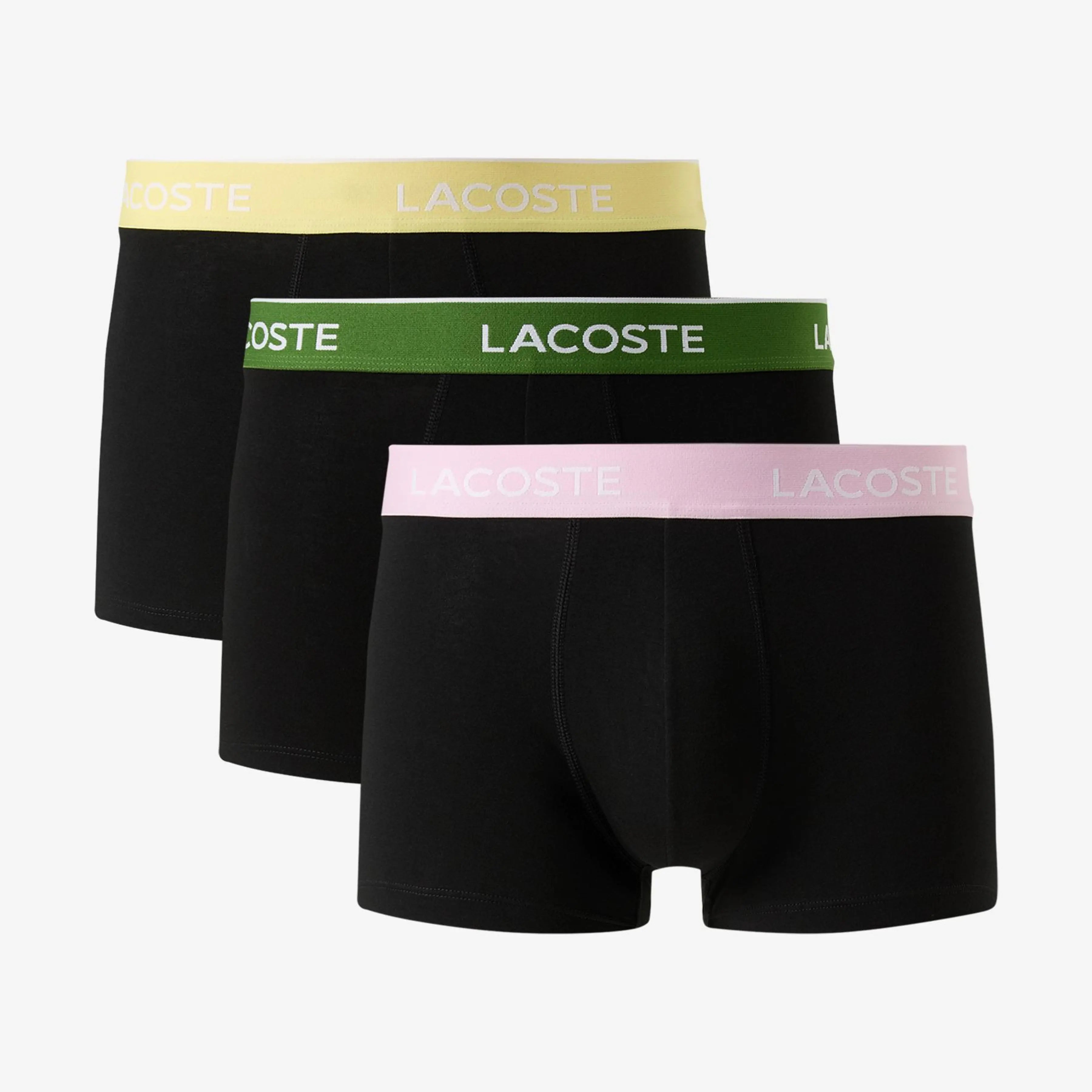 Three black Lacoste boxer briefs with colorful waistbands on a white background