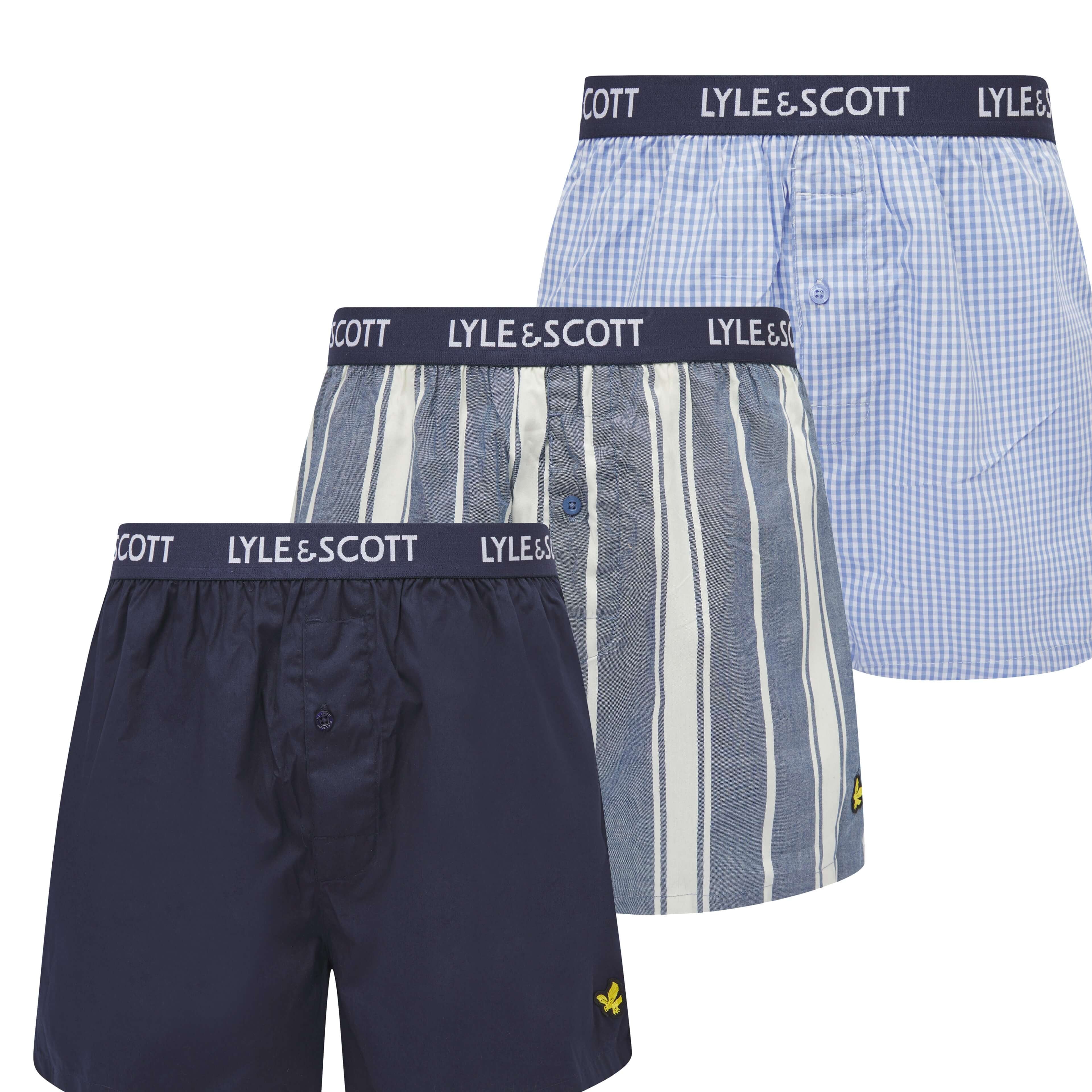 Lyle & Scott 3 Pack Men's Lenny Woven Boxers - White Stripe/Peacoat/Blue Gingham