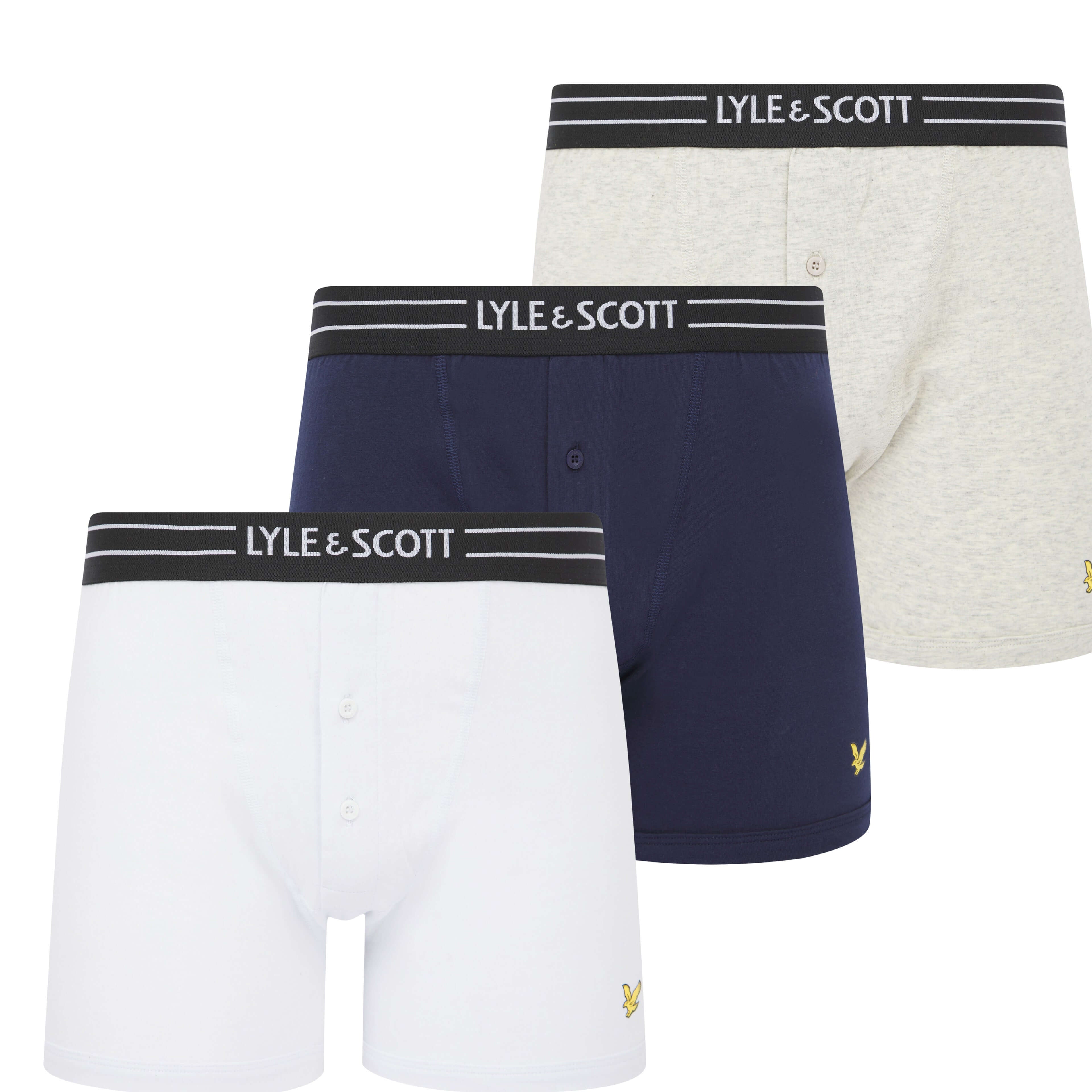 Lyle & Scott 3 Pack Lewis Men's Button Fly Boxer Trunks - White/Peacoat/Grey Marl