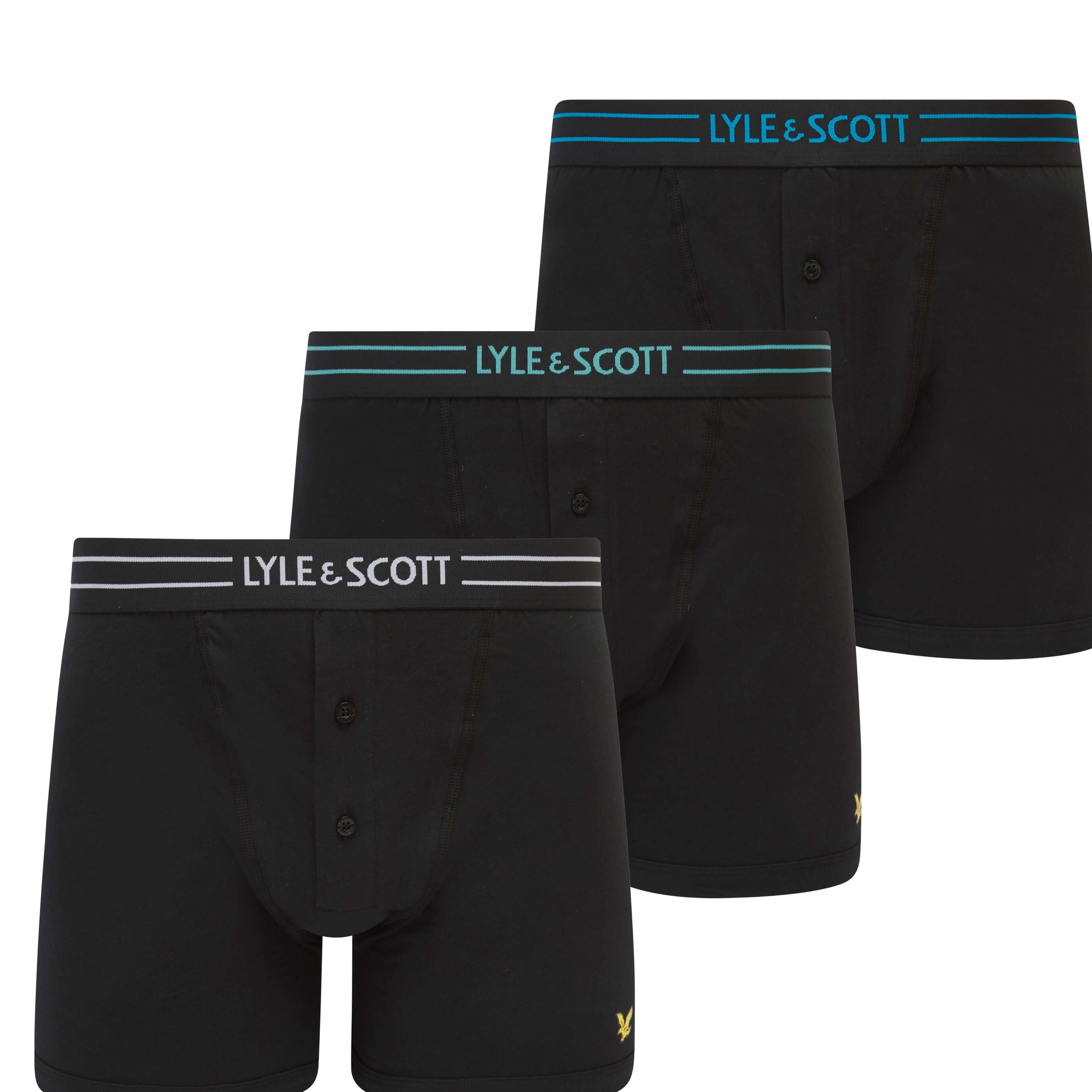 Lyle & Scott 3 Pack Lewis Men's Button Fly Boxer Trunks - Black Coloured Logo