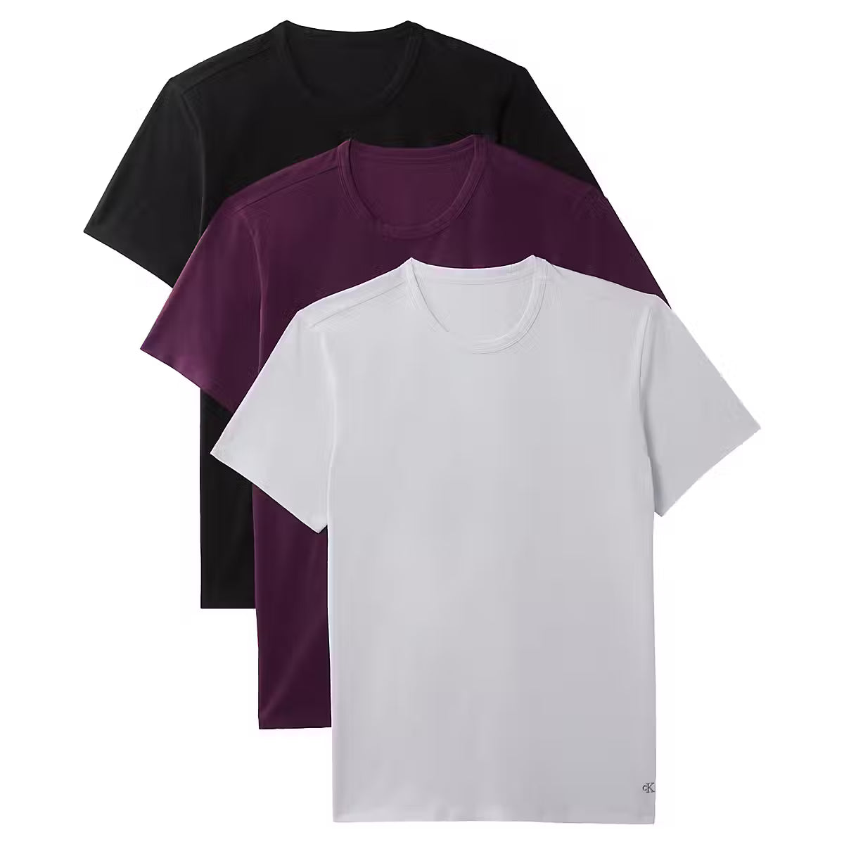 Three short-sleeve crew-neck t-shirts stacked slightly offset on a white background, shown in black, deep purple, and white.