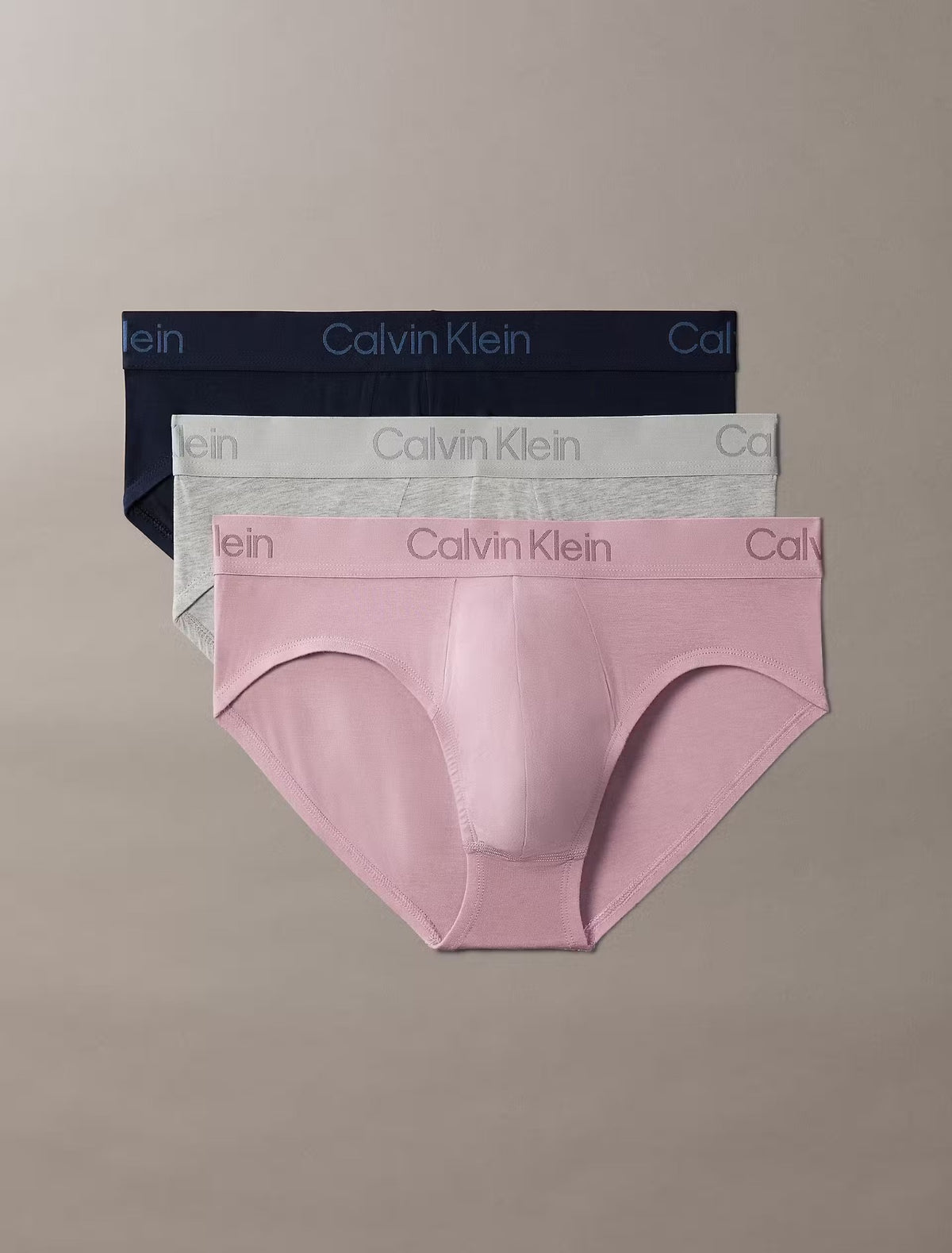 Calvin Klein Ultra Soft Modal 3-pack hip briefs in Dark Sapphire Dusty Orchid Grey Heather – three-pack product image