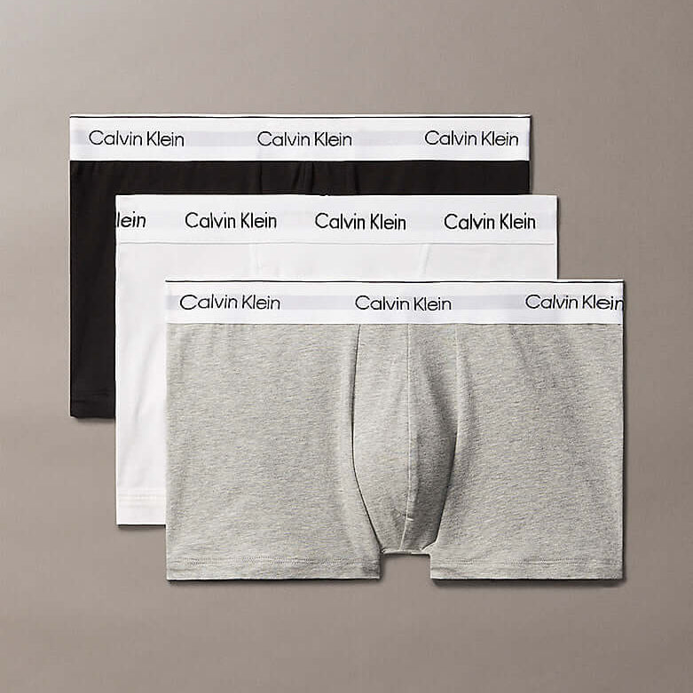 Calvin Klein 3 Pack Relaxed Dart Trunks - Icon Cotton Stretch, Black/White/Grey Heather
