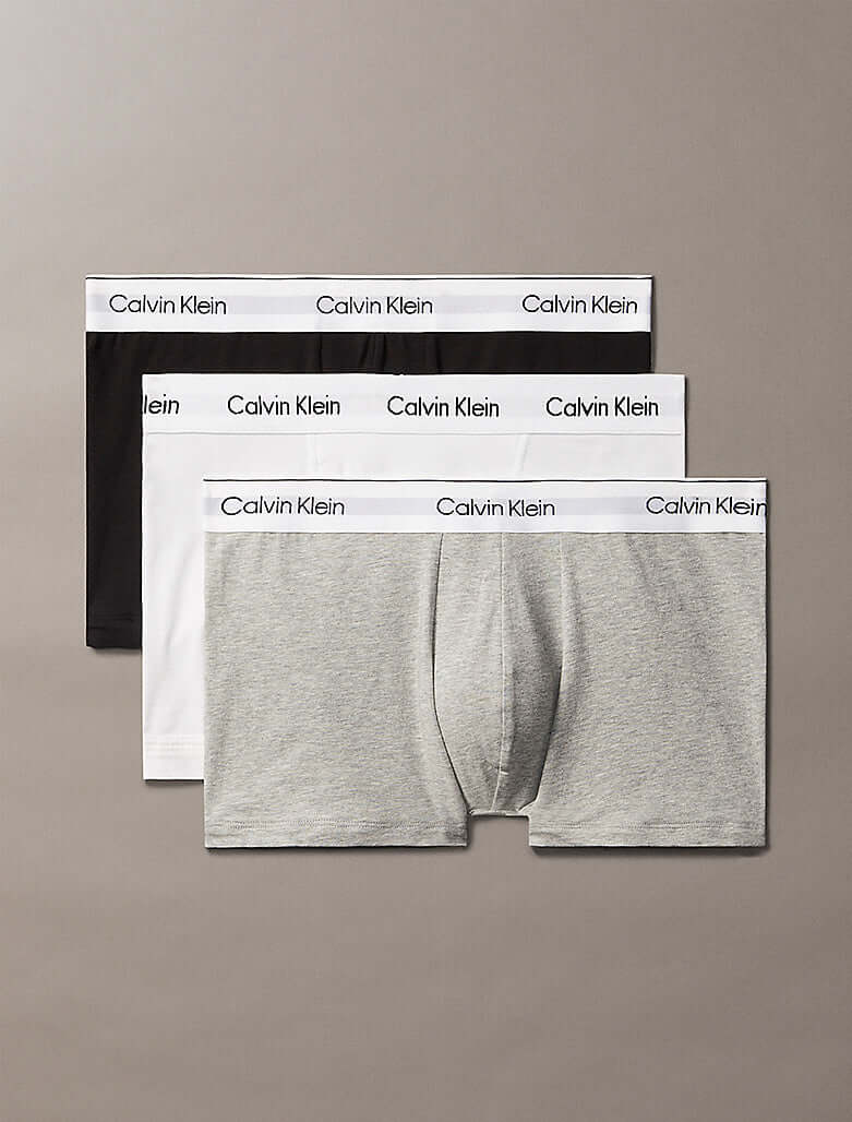 Calvin Klein 3 Pack Relaxed Dart Trunks - Icon Cotton Stretch, Black/White/Grey Heather