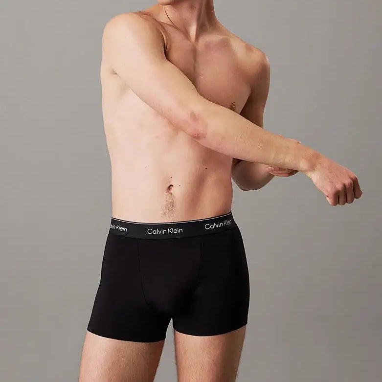 Calvin Klein 3 Pack Relaxed Dart Trunks - Icon Cotton Stretch, Black W/ Black Wbs