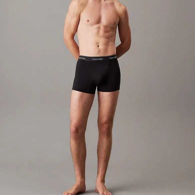 Calvin Klein 3 Pack Relaxed Dart Trunks - Icon Cotton Stretch, Black W/ Black Wbs