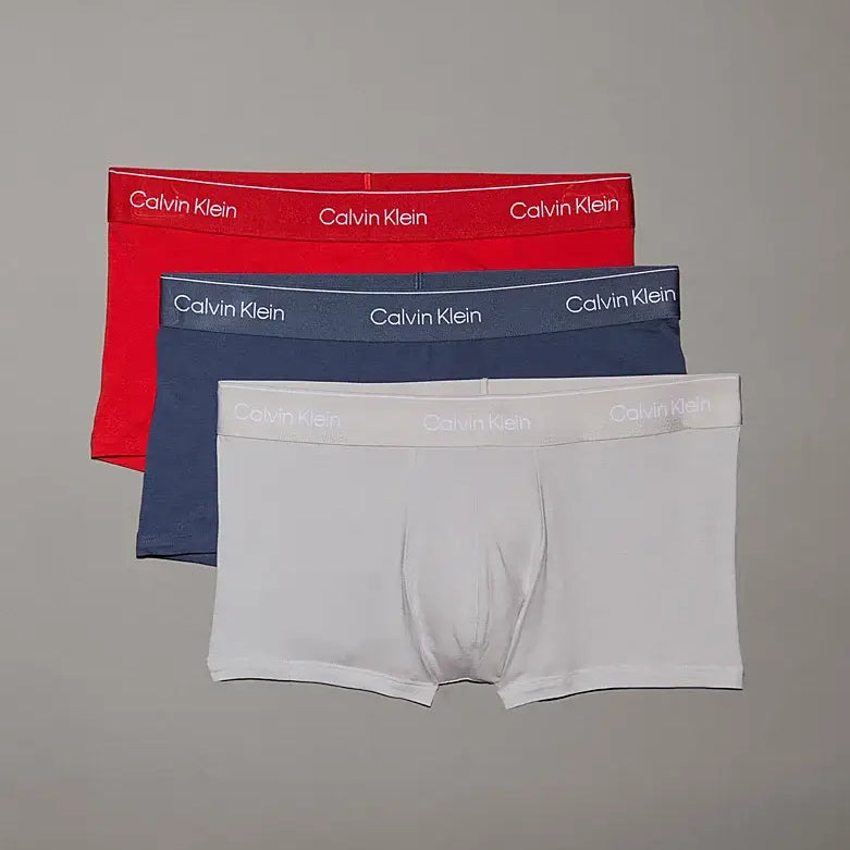 Calvin Klein 3 Pack Low Rise Trunks - Icon Cotton Stretch, Red/Vt Indigo/Moonbeam