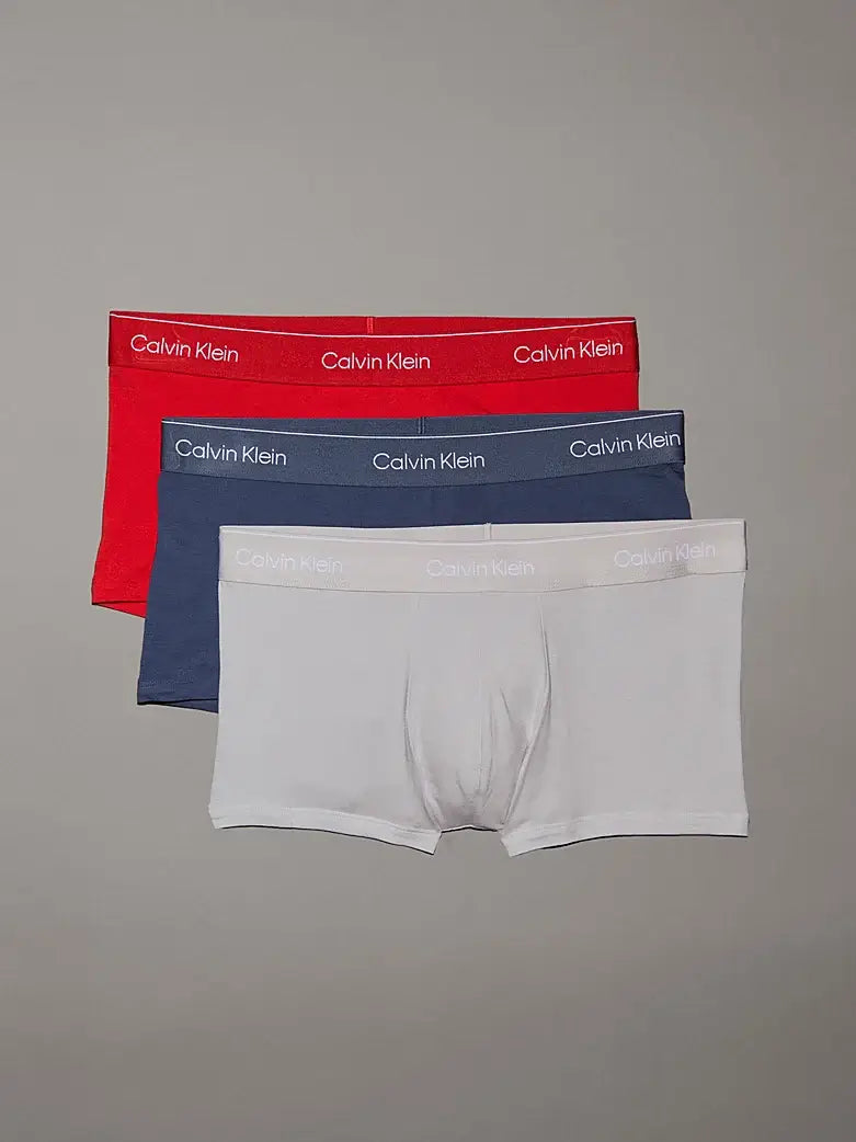 Calvin Klein 3 Pack Low Rise Trunks - Icon Cotton Stretch, Red/Vt Indigo/Moonbeam