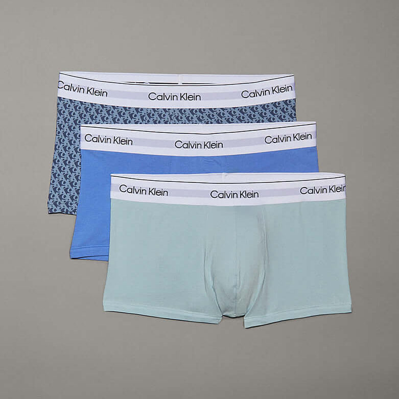 Calvin Klein 3 Pack Low Rise Trunks - Icon Cotton Stretch, Glacier Blue / All Over Logo