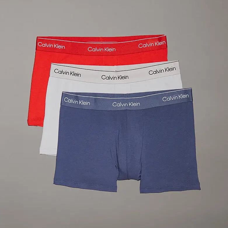 Calvin Klein 3 Pack Trunks - Icon Cotton Stretch, Red/Vintage Indigo/Moonbeam