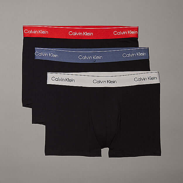 Calvin Klein 3 Pack Relaxed Dart Trunks - Icon Cotton Stretch, Black with Color Waistband