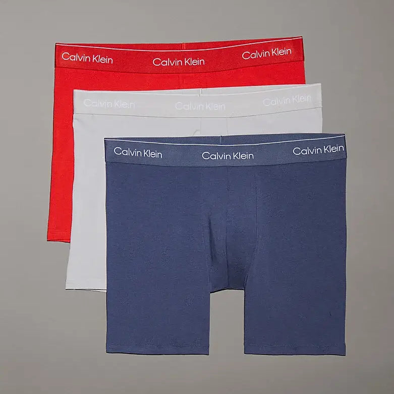 Calvin Klein 3 Pack Boxer Briefs – ICON Cotton Stretch, Red/Vintage Indigo