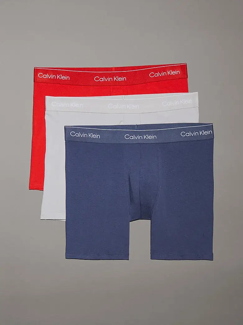 Calvin Klein 3 Pack Boxer Briefs – ICON Cotton Stretch, Red/Vintage Indigo