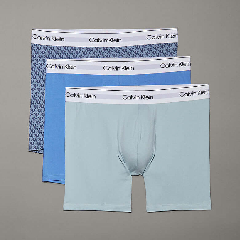Calvin Klein 3 Pack Boxer Briefs – ICON Cotton Stretch, Blue, Logo All Over