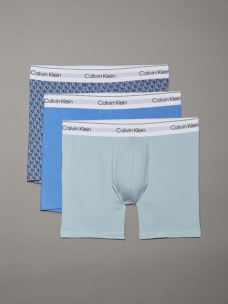 Calvin Klein 3 Pack Boxer Briefs – ICON Cotton Stretch, Blue, Logo All Over
