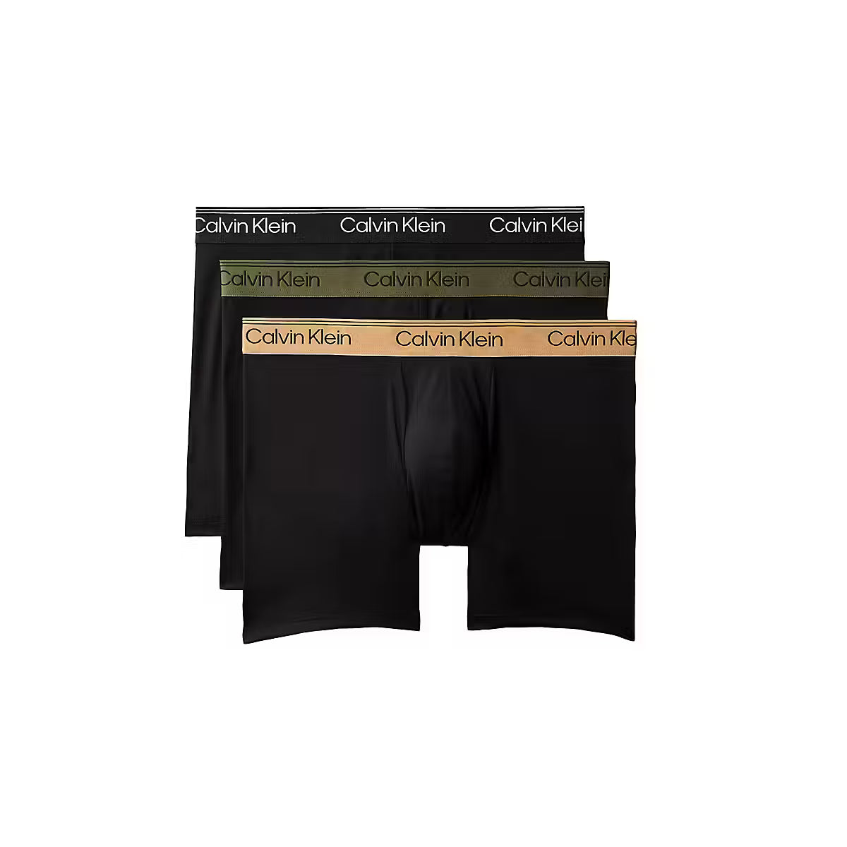 Three pairs of Calvin Klein men's boxer briefs stacked together on a white background, showing black, olive green, and tan waistbands with the brand name printed repeatedly.