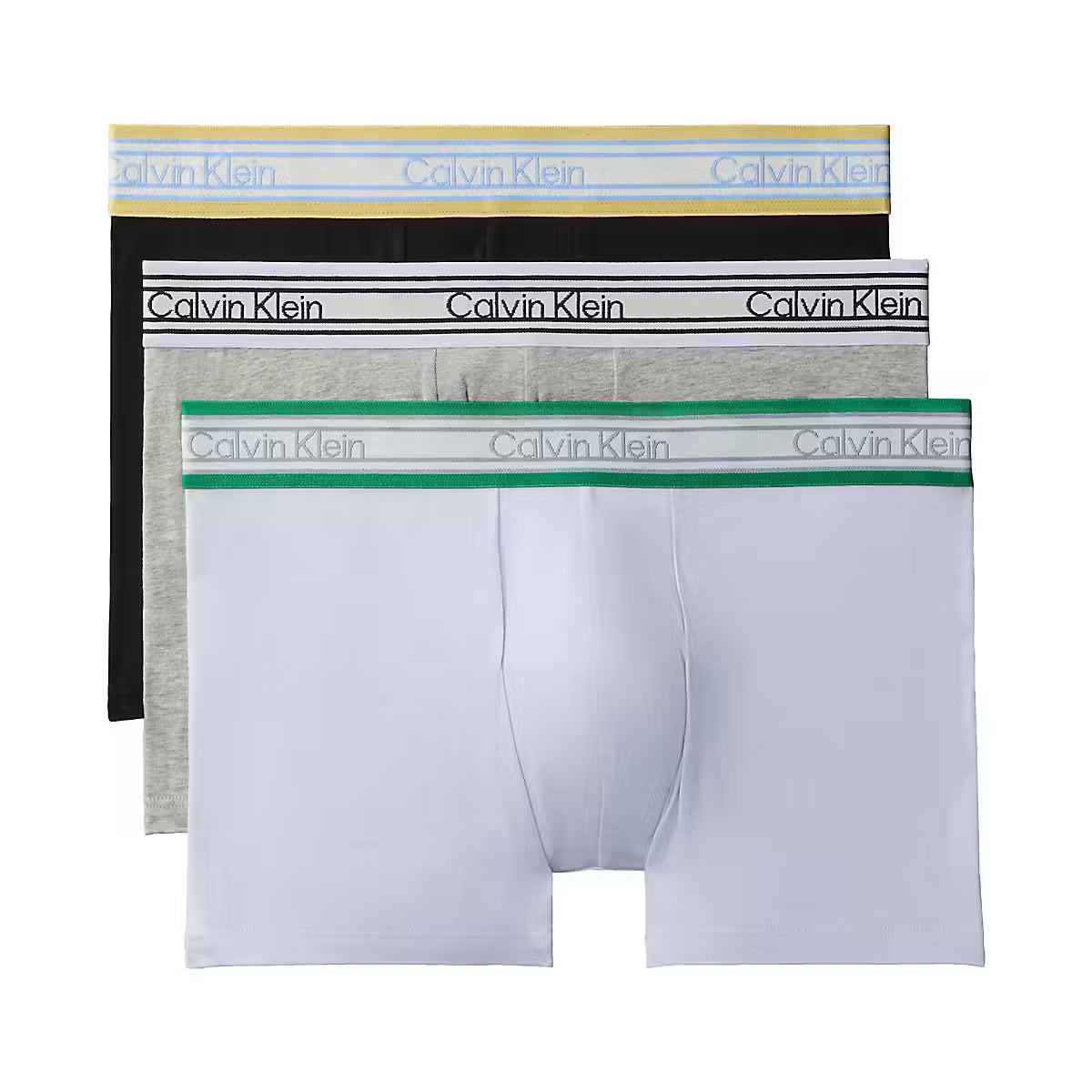 Calvin Klein Icon Cotton Stretch 3 Pack Trunks in black heavenly iris and grey heather, front product image