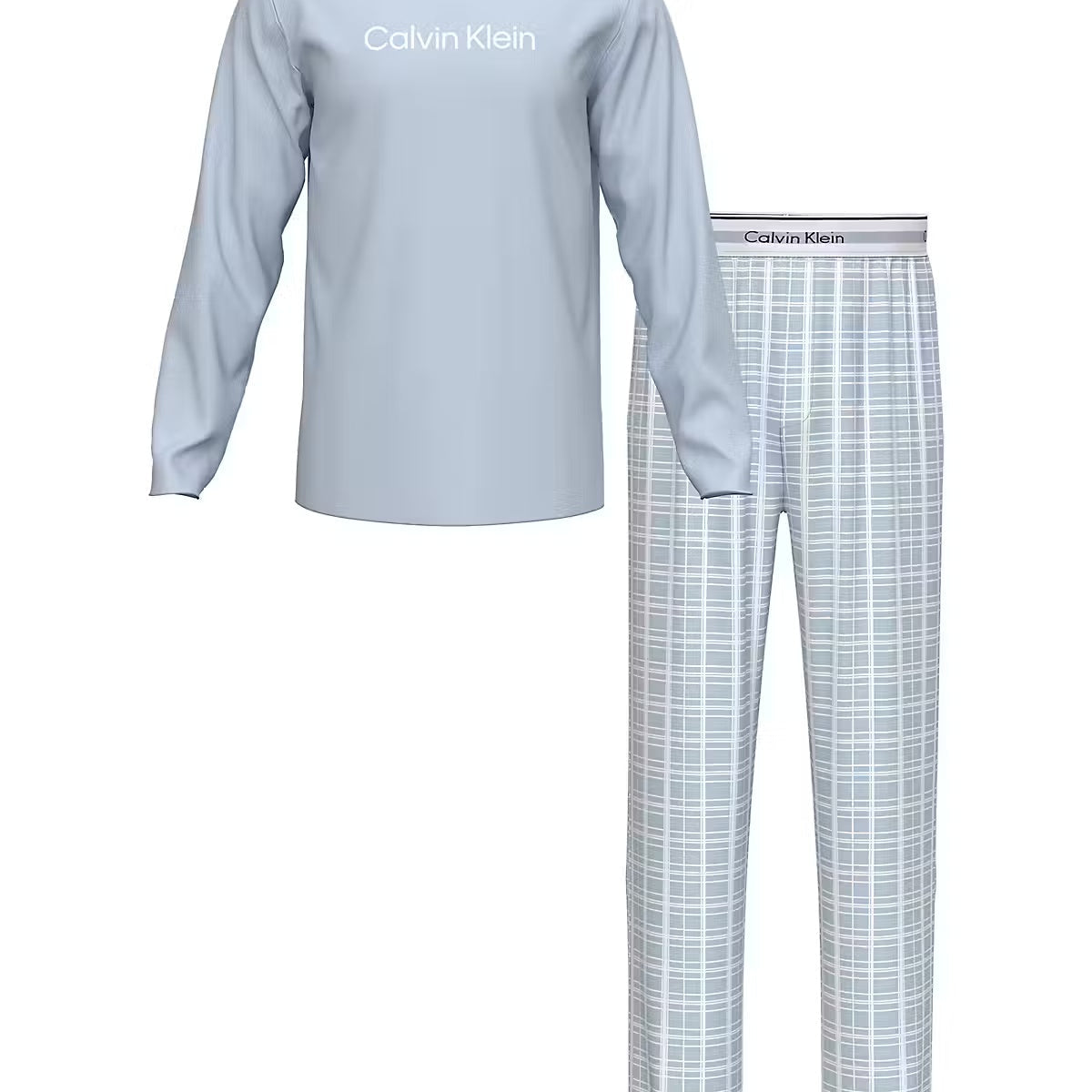Calvin Klein men’s long sleeve cotton pyjama set Light Blue Check – front view