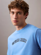 Calvin Klein Men's Regenerative Cotton T-Shirt – Curved Logo, Blue Brust
