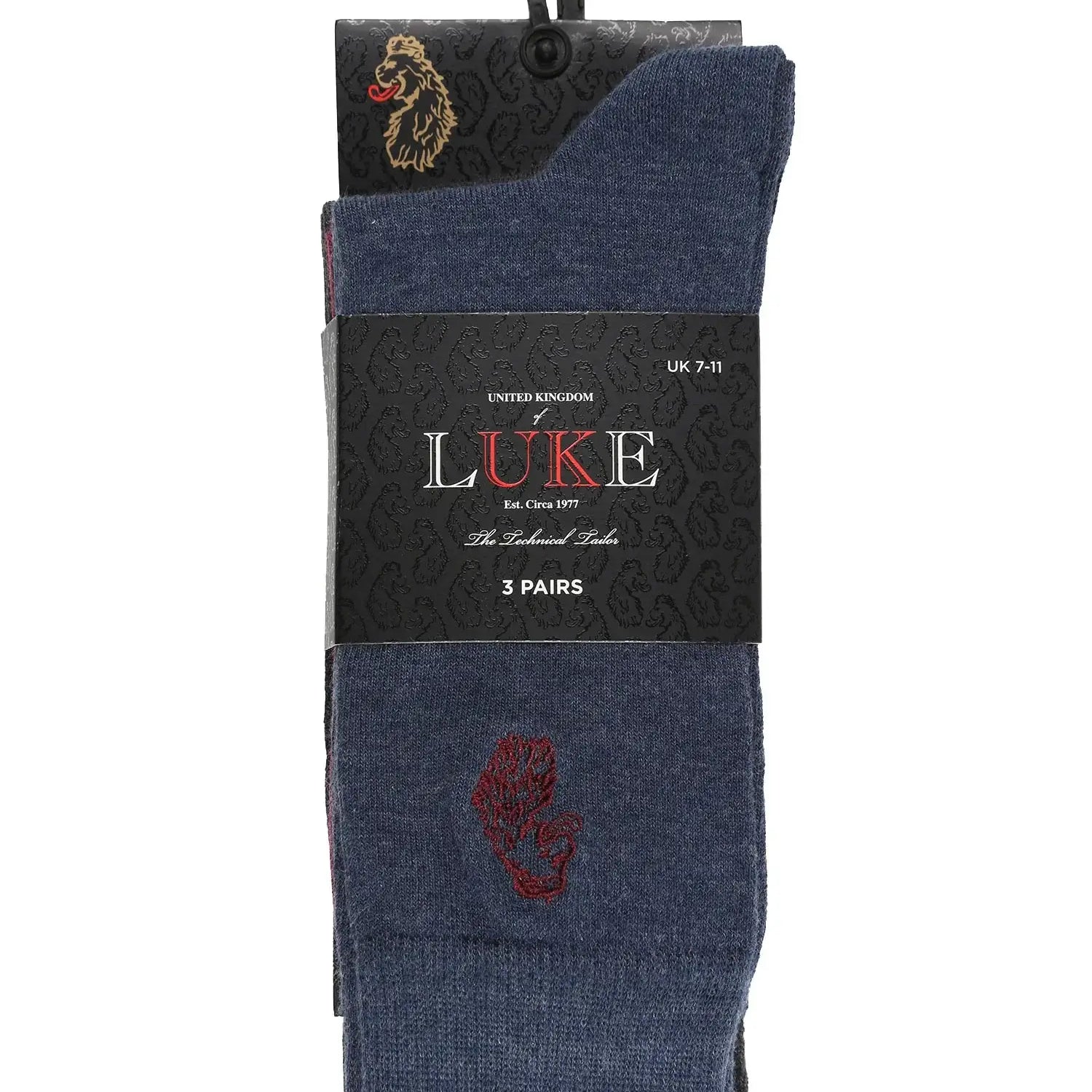 LUKE Antiki 3 Pack Socks – Red, Blue & Charcoal | Lion Head Embroidery