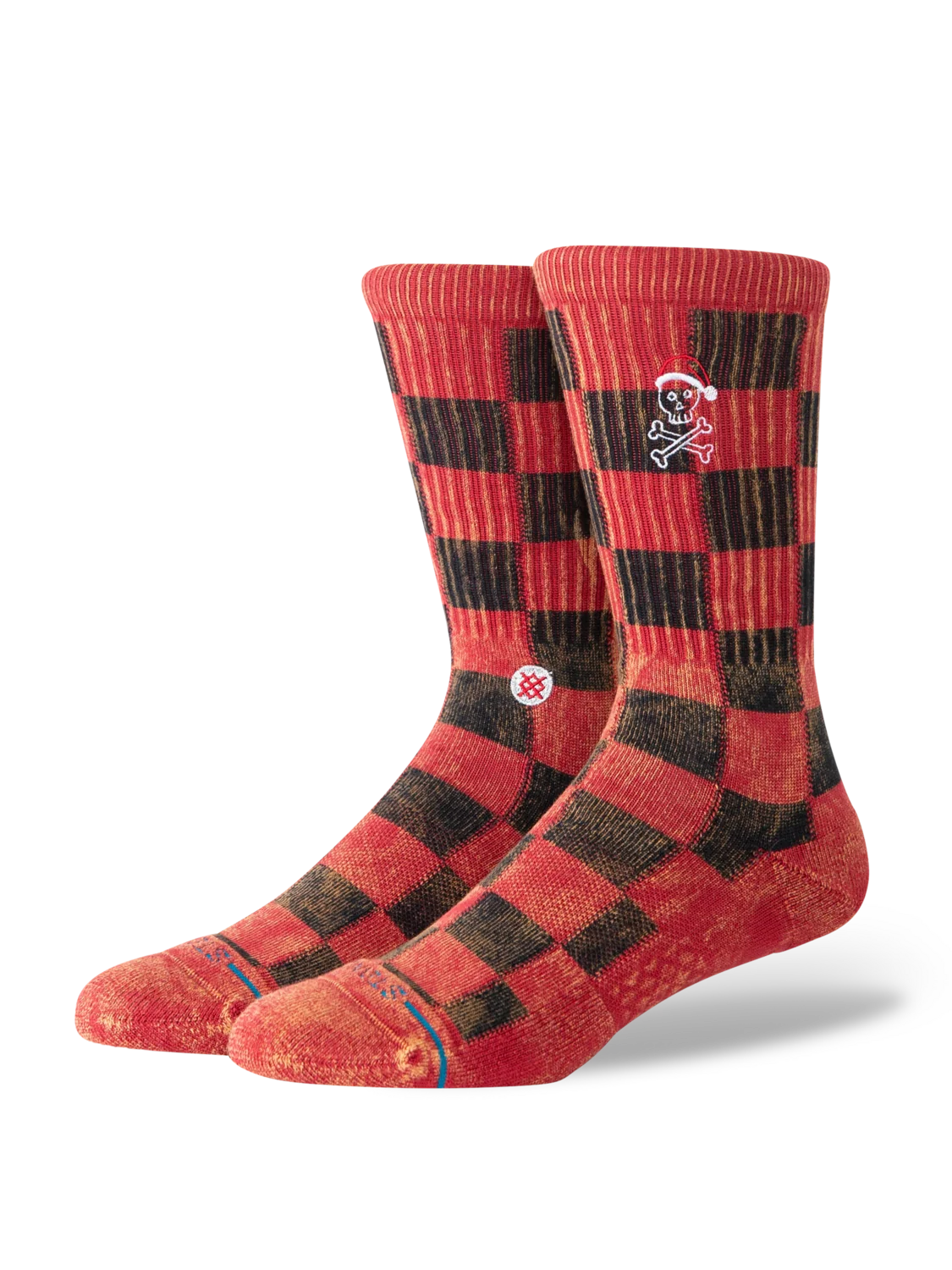 Stance Santarchy red and black buffalo plaid crew socks skull Santa motif angled view