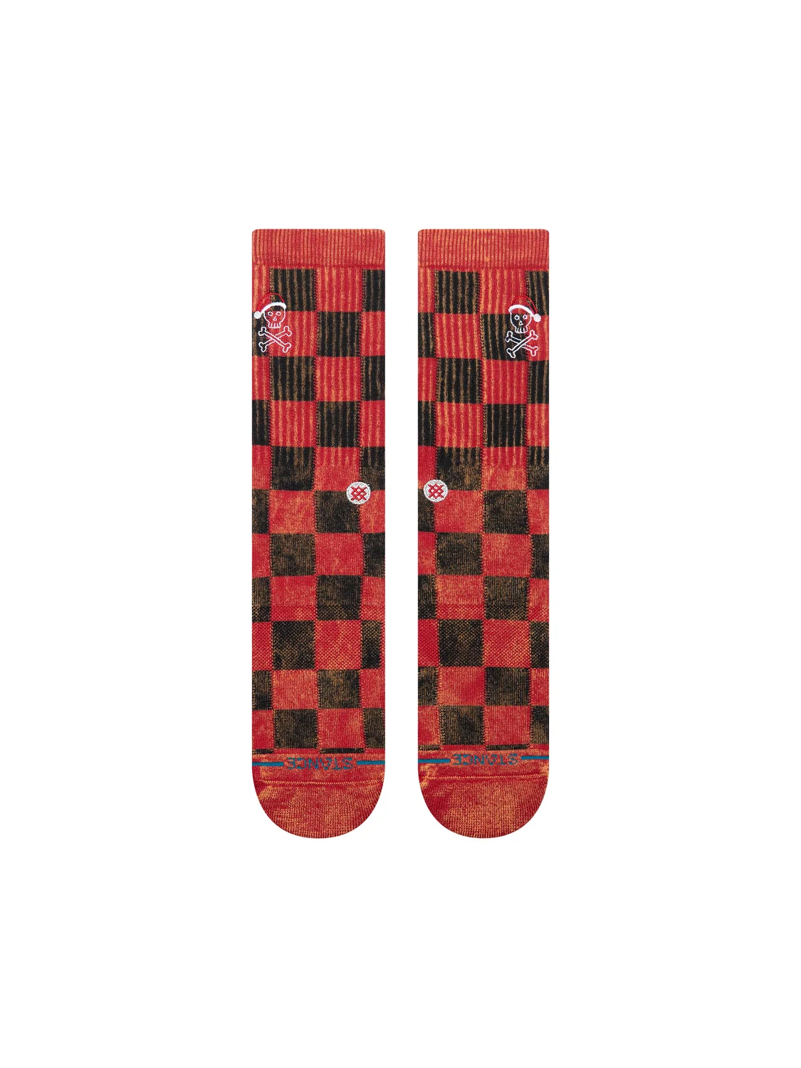 Stance Santarchy red Christmas crew socks frontal red black check and Santa skull graphic