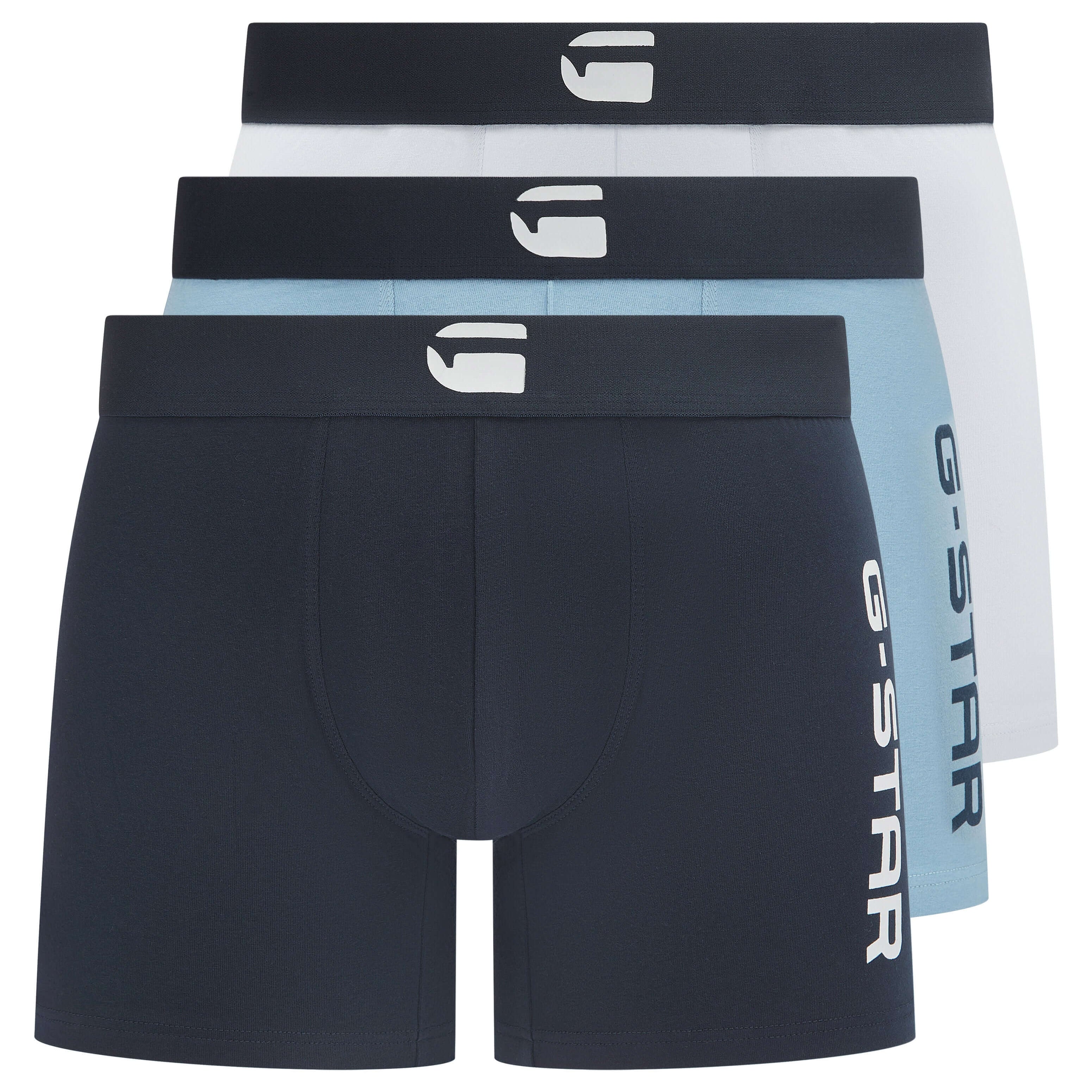 G-Star Men’s 3 Pack Cotton Stretch Rubberized Logo Trunks – Denim, Navy & White