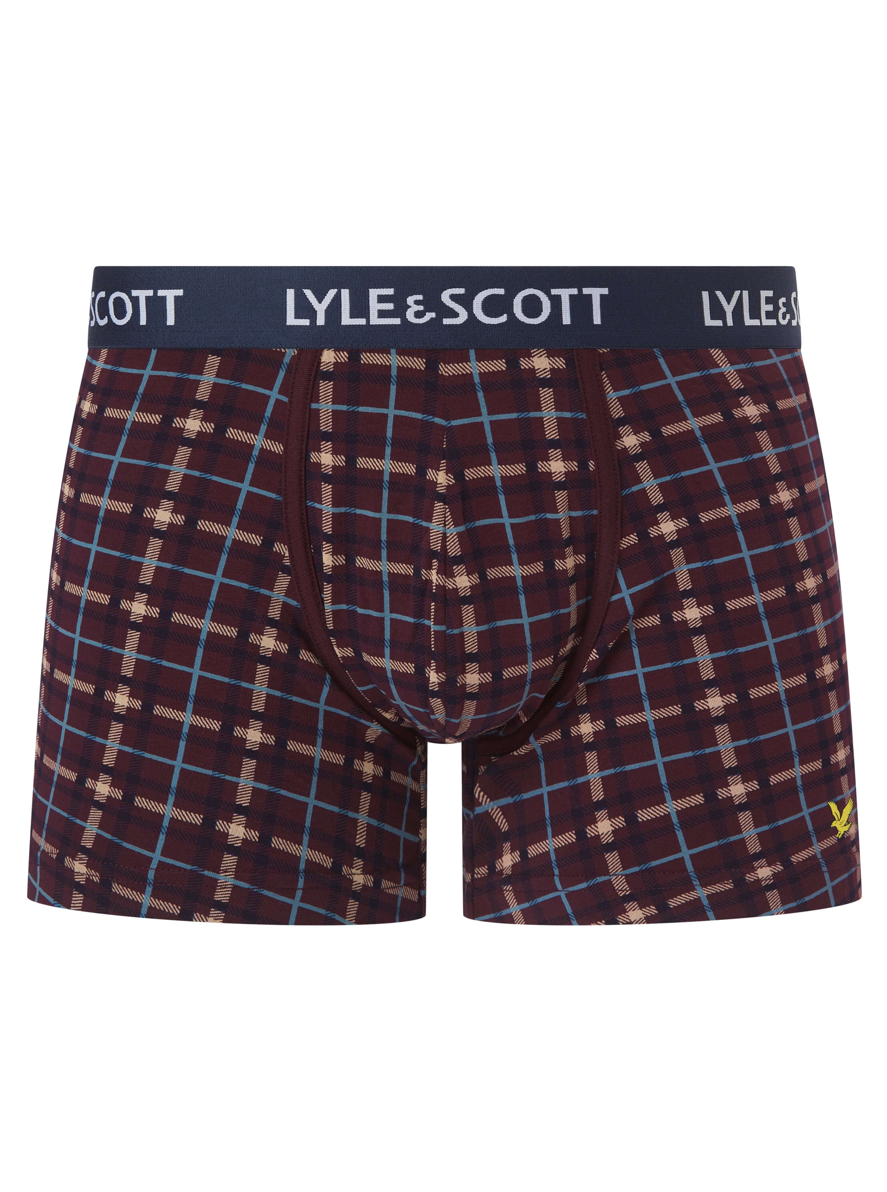 Lyle & Scott Men's 3 Pack Cotton Stretch Trunks - Wine-tasting / Check / Peacoat
