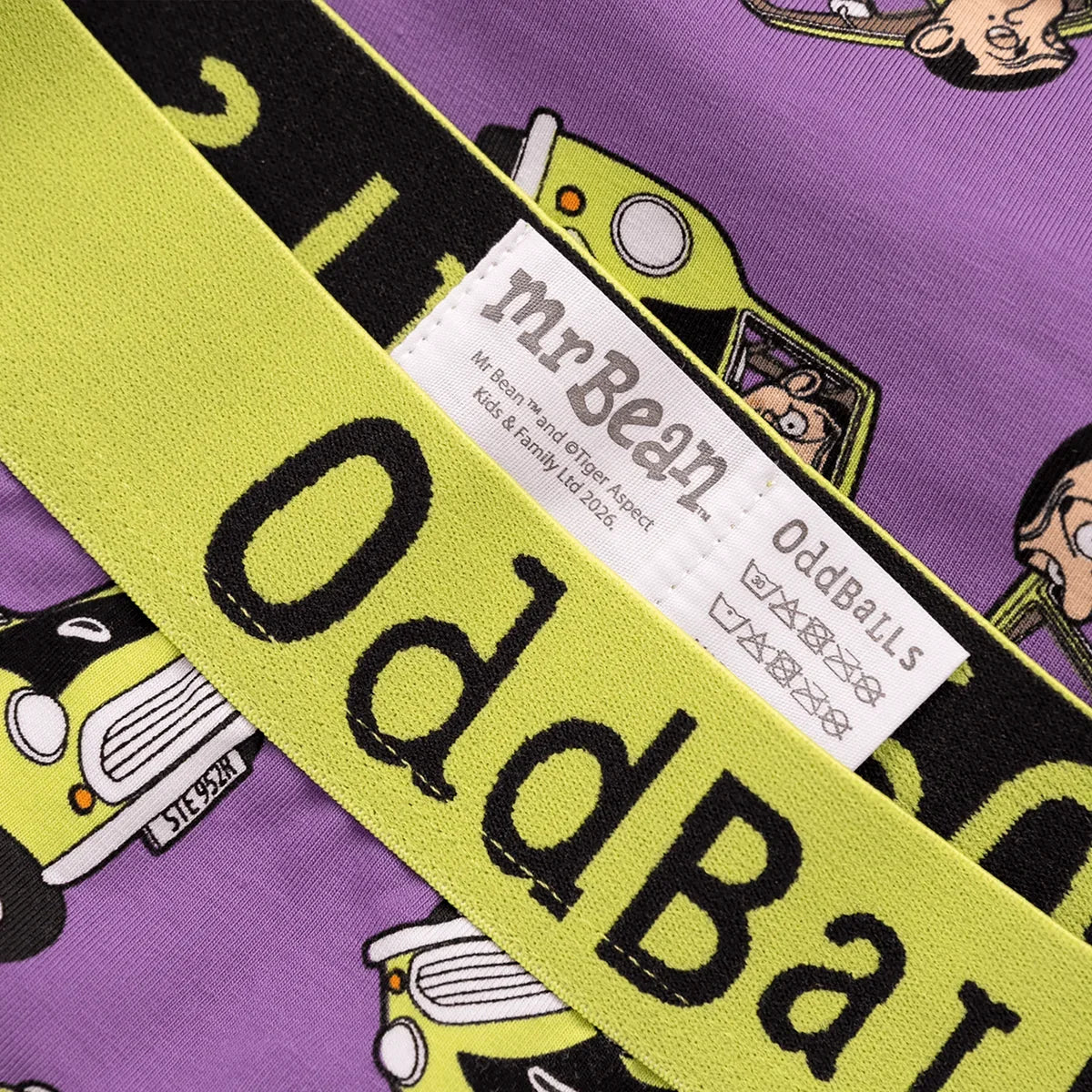 OddBalls Mr Bean Car boxer shorts branded lime waistband detail