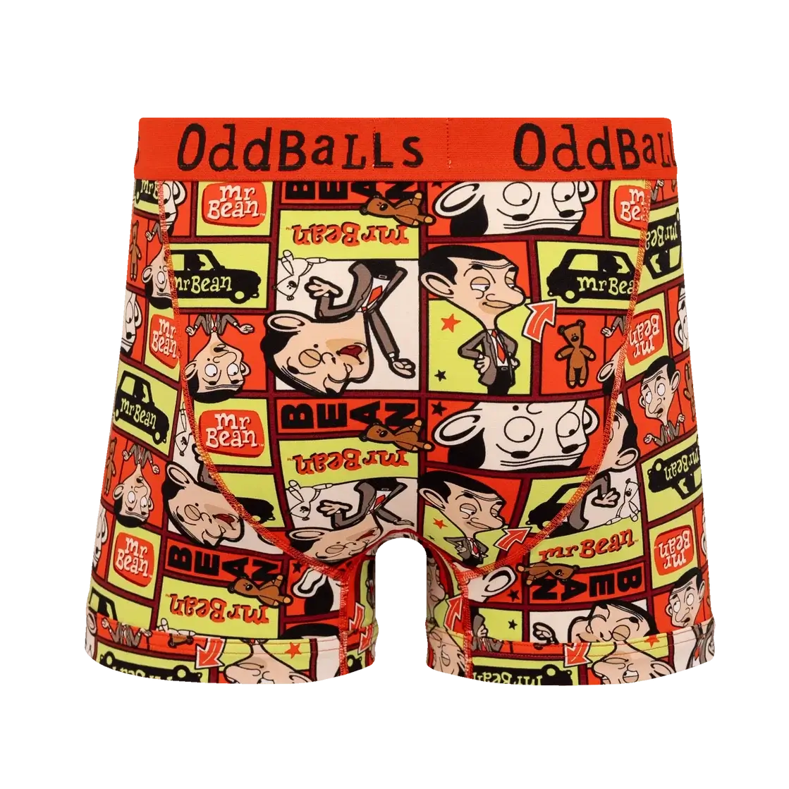 A pair of men's boxer briefs by Oddballs, featuring a vibrant cartoon collage print of Mr. Bean characters and vehicles on a red, yellow, and black background.