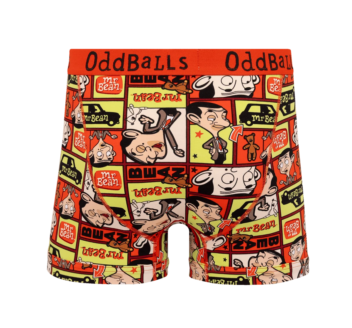 A pair of men's boxer briefs by Oddballs, featuring a vibrant cartoon collage print of Mr. Bean characters and vehicles on a red, yellow, and black background.